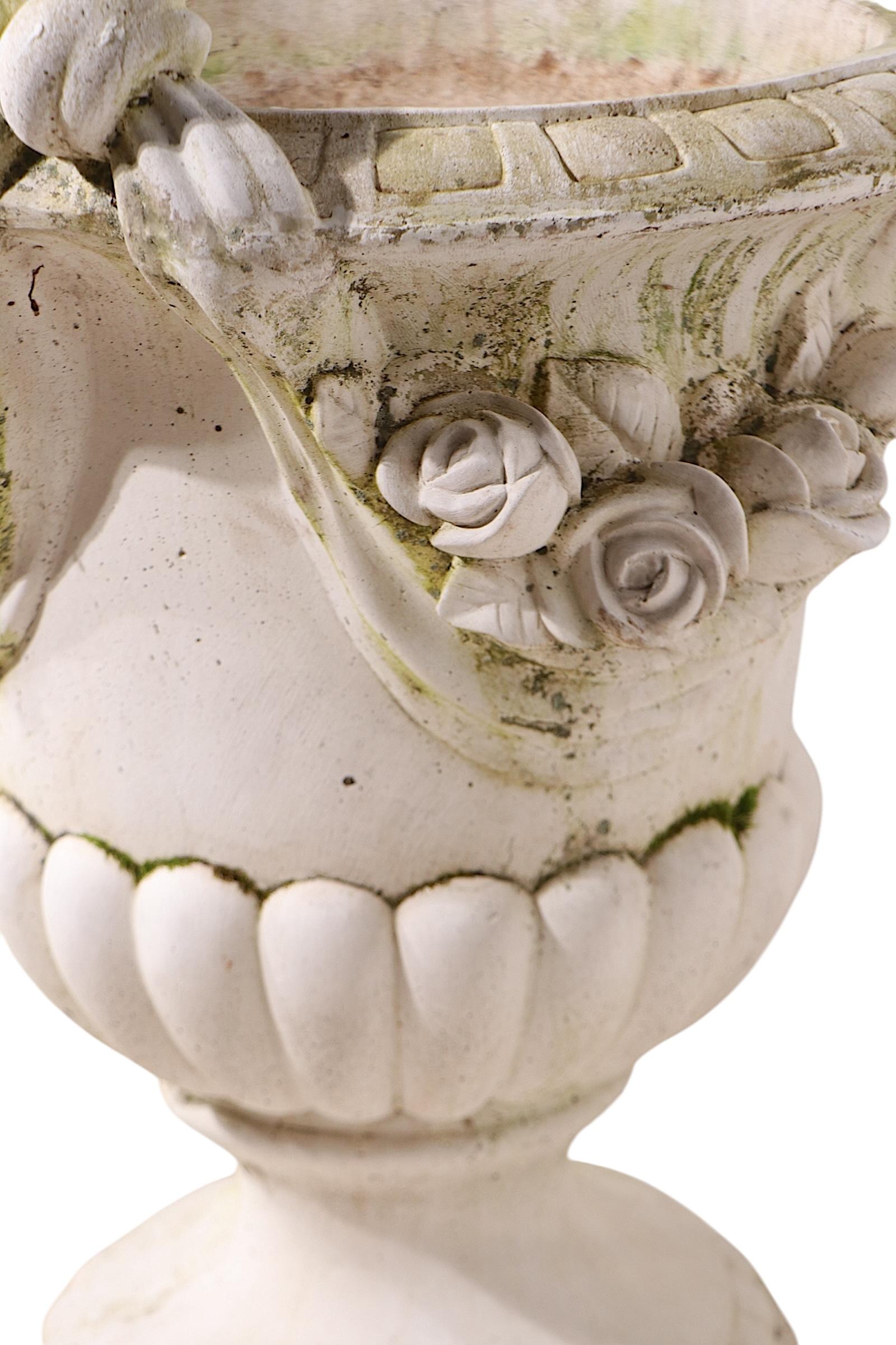 Monumental Pair of Cast Stone Urn Form Planters with Flower and Swag Decoration For Sale 7
