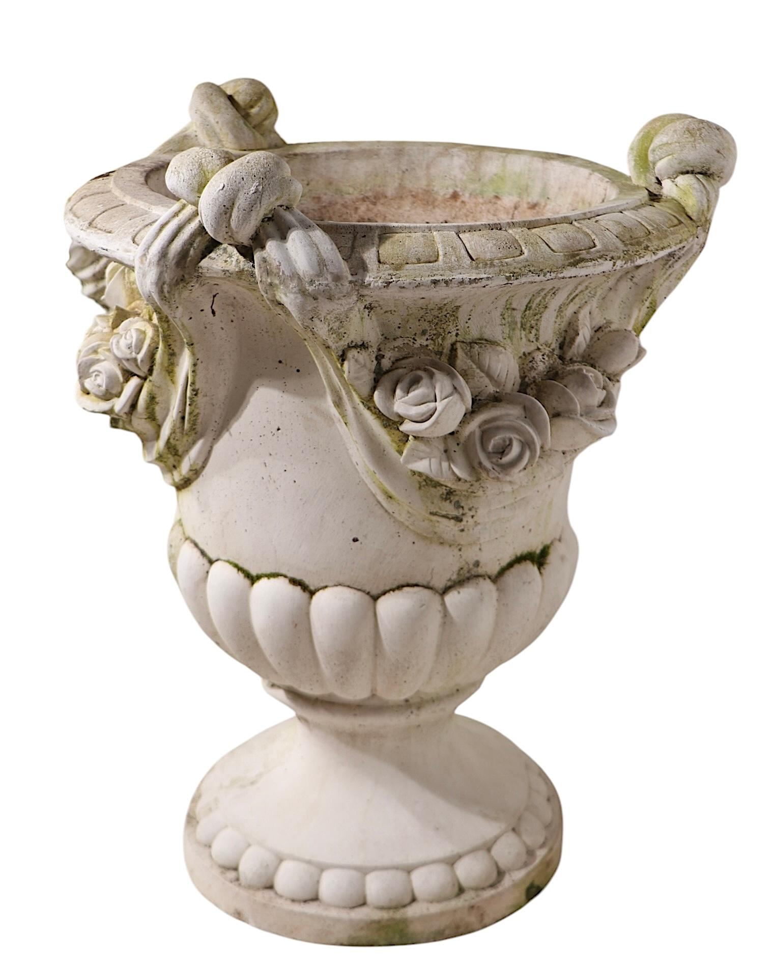 Monumental Pair of Cast Stone Urn Form Planters with Flower and Swag Decoration For Sale 8