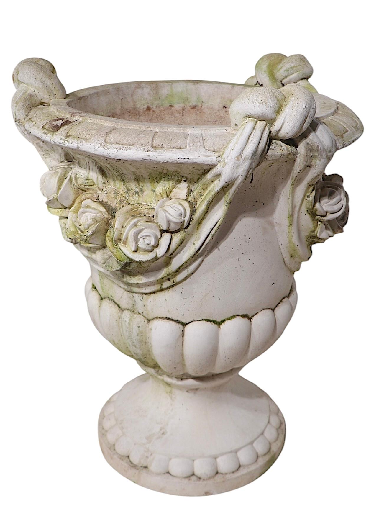 Monumental Pair of Cast Stone Urn Form Planters with Flower and Swag Decoration For Sale 9