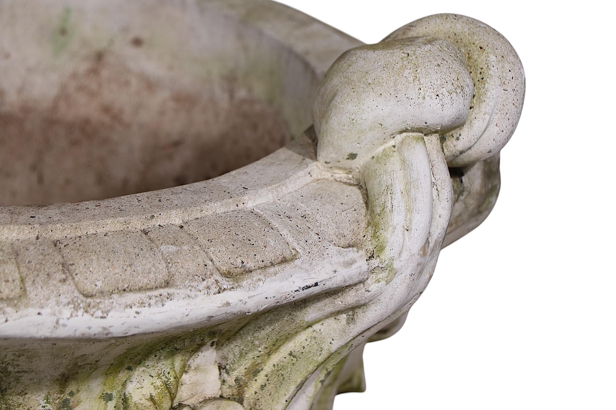 Monumental Pair of Cast Stone Urn Form Planters with Flower and Swag Decoration For Sale 10