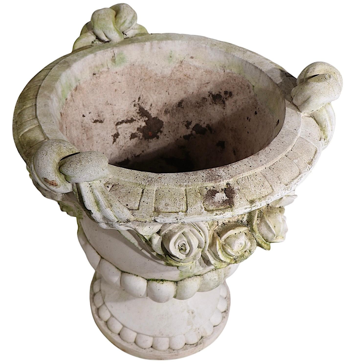 Monumental Pair of Cast Stone Urn Form Planters with Flower and Swag Decoration For Sale 12