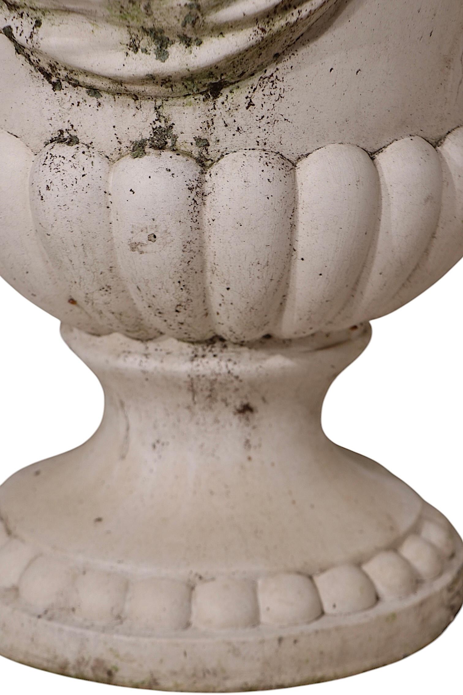 Monumental Pair of Cast Stone Urn Form Planters with Flower and Swag Decoration For Sale 13