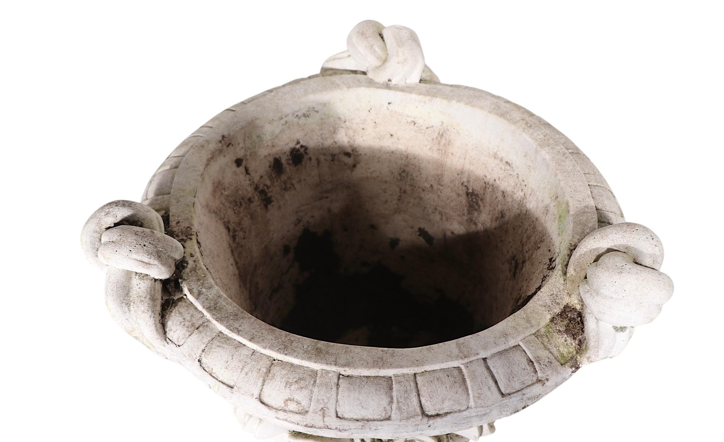 Monumental Pair of Cast Stone Urn Form Planters with Flower and Swag Decoration For Sale 14