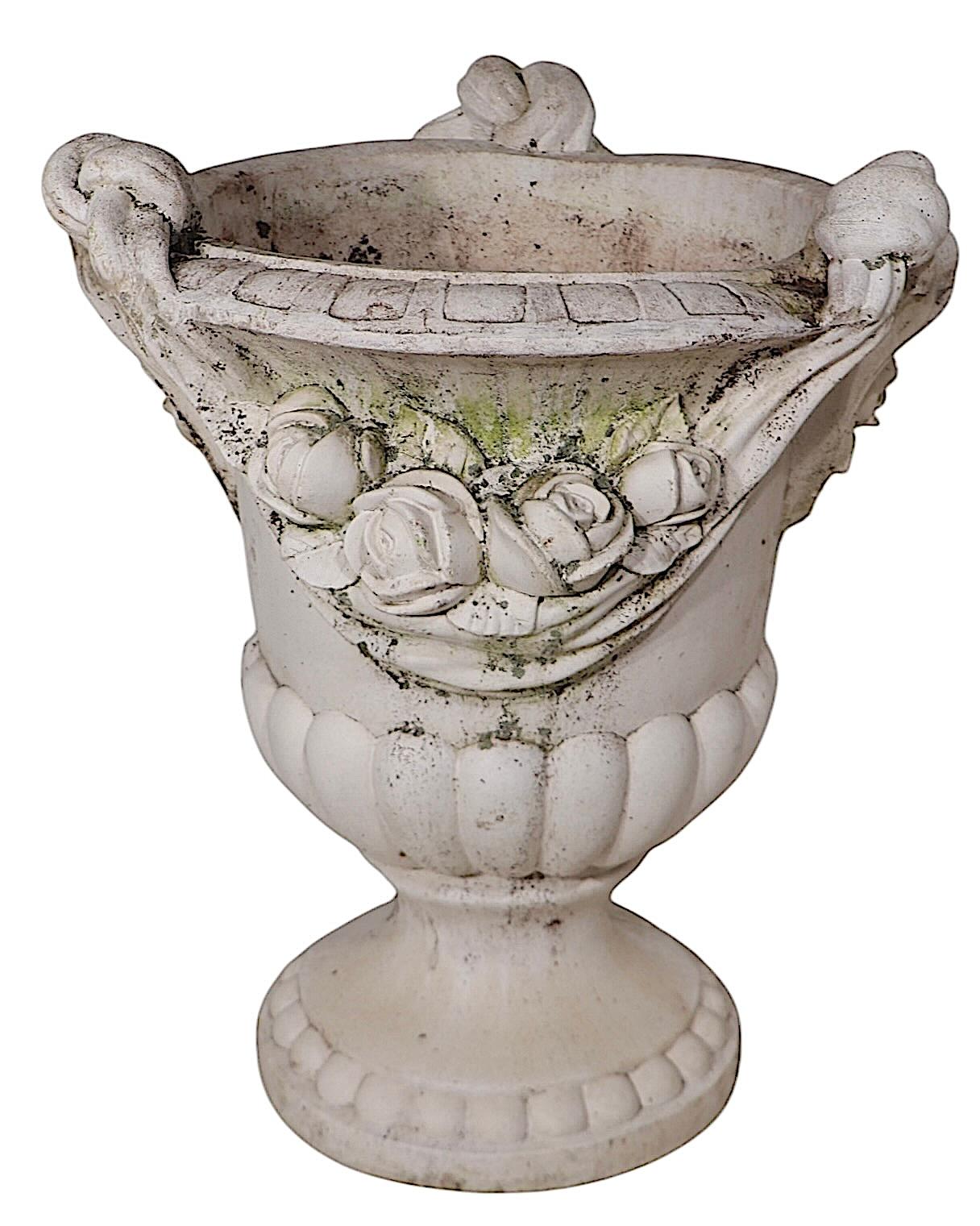 Monumental Pair of Cast Stone Urn Form Planters with Flower and Swag Decoration For Sale 1