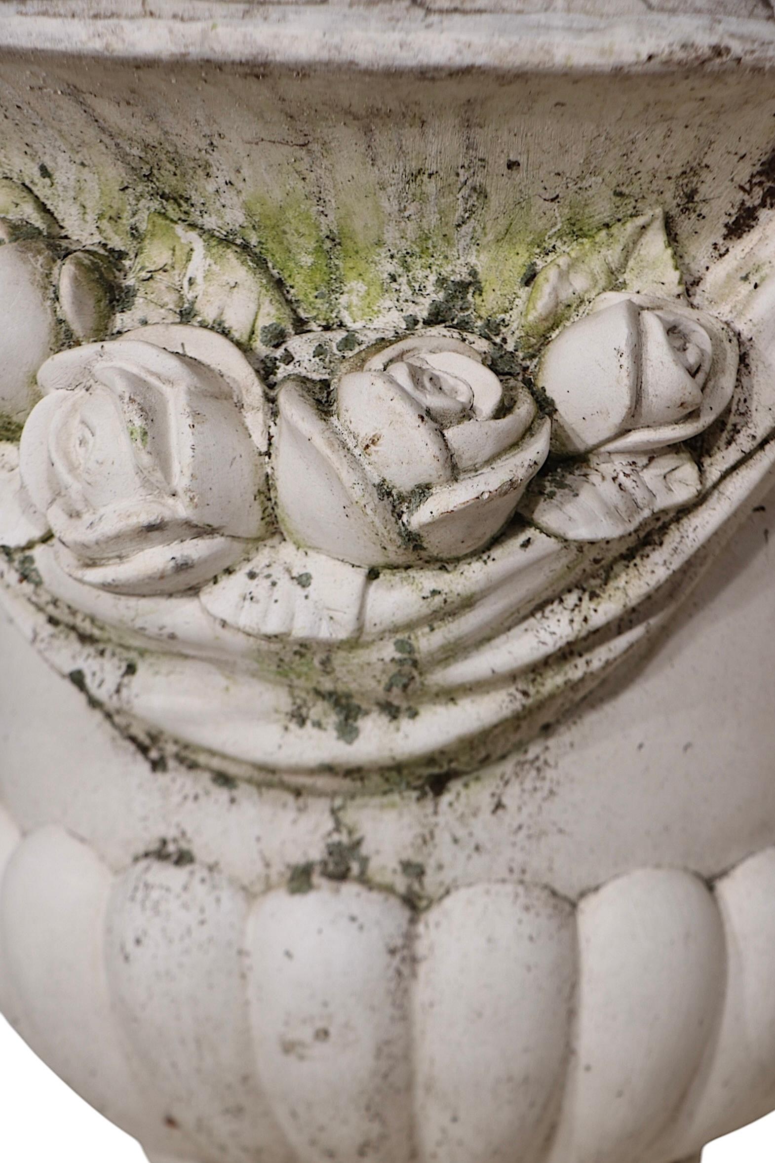Monumental Pair of Cast Stone Urn Form Planters with Flower and Swag Decoration For Sale 3