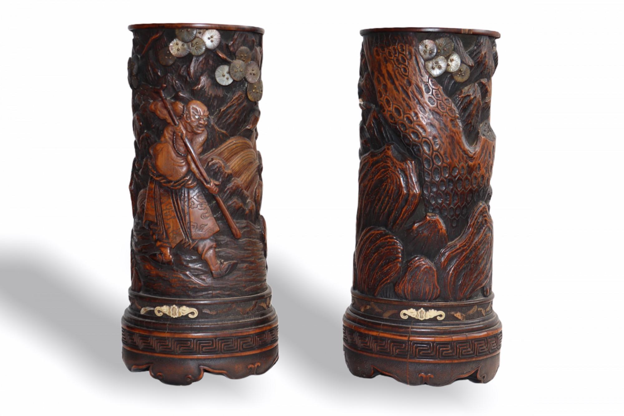 Qing Monumental Pair of Chinese Carved Wood Brush Pots, Late 18th Century