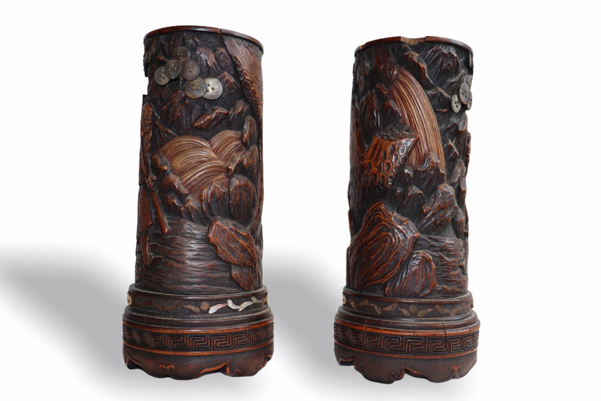 Monumental Pair of Chinese Carved Wood Brush Pots, Late 18th Century In Fair Condition For Sale In North Miami, FL