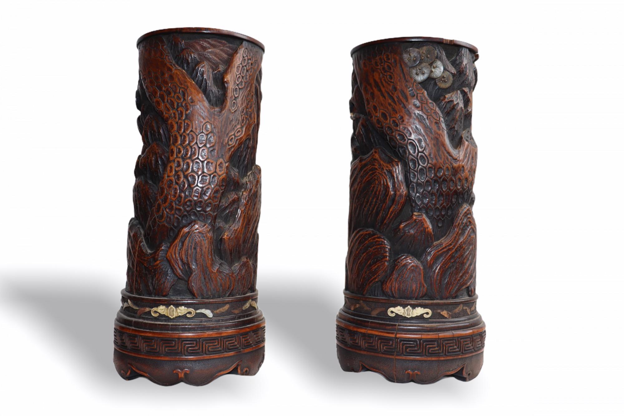18th Century and Earlier Monumental Pair of Chinese Carved Wood Brush Pots, Late 18th Century For Sale