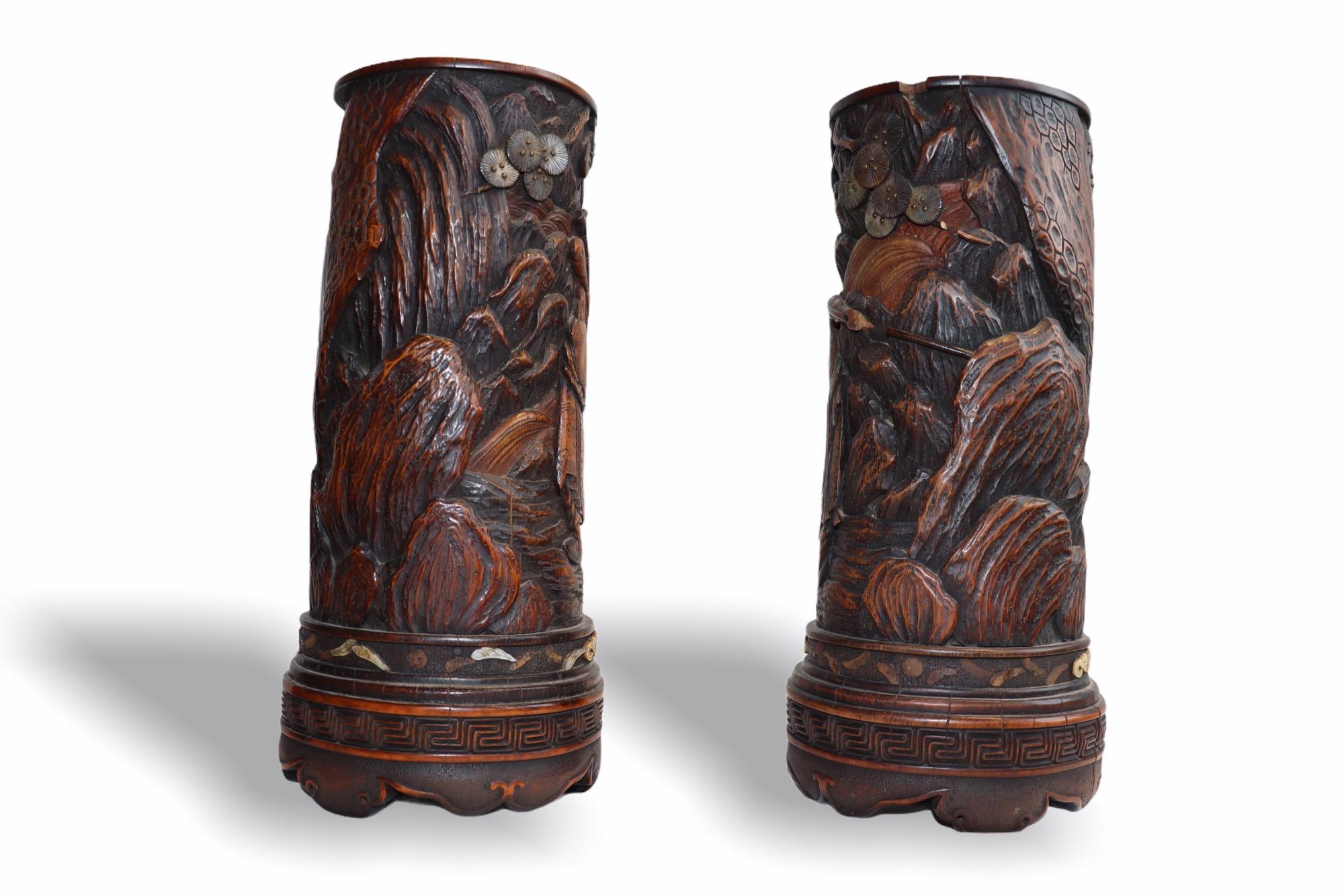 Monumental Pair of Chinese Carved Wood Brush Pots, Late 18th Century For Sale 1