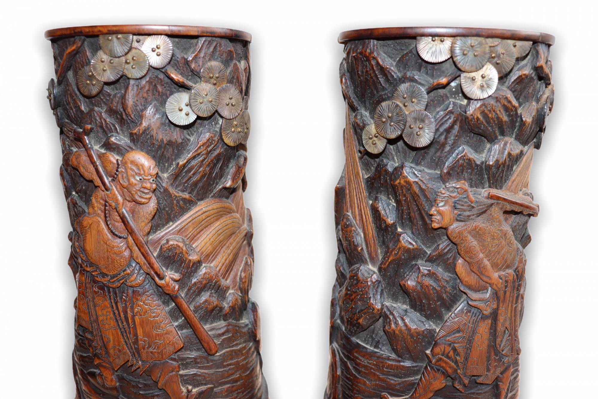 Monumental Pair of Chinese Carved Wood Brush Pots, Late 18th Century For Sale 3