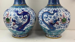 Monumental Pair of Chinese Cloisonne Enamel Blue And White Dragons Vases
