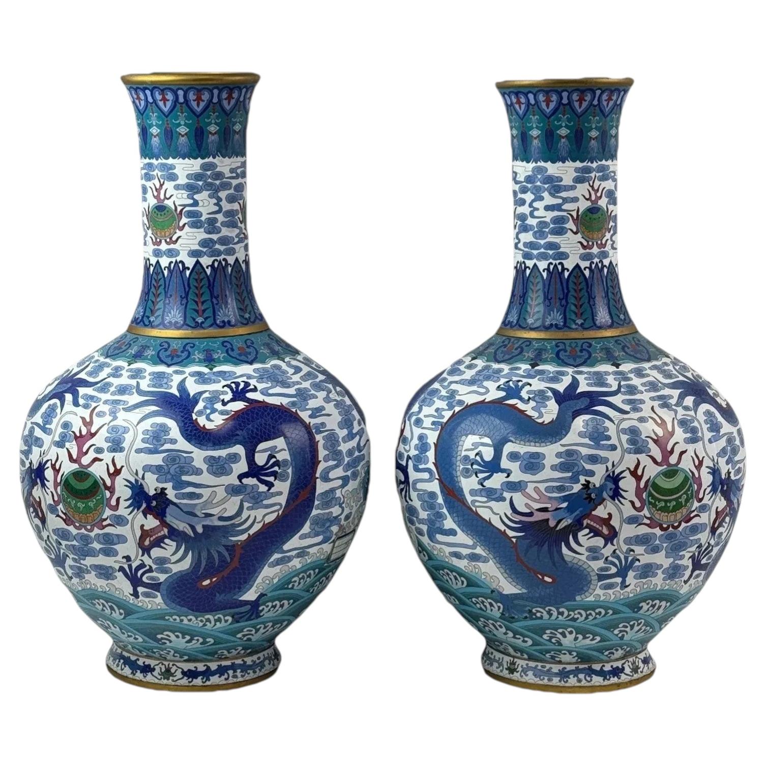 Monumental Pair of Chinese Cloisonne Enamel Blue And White Dragons Vases