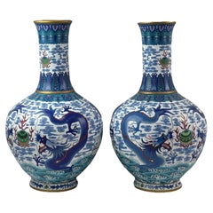 Monumental Pair of Chinese Cloisonne Enamel Blue And White Dragons Vases