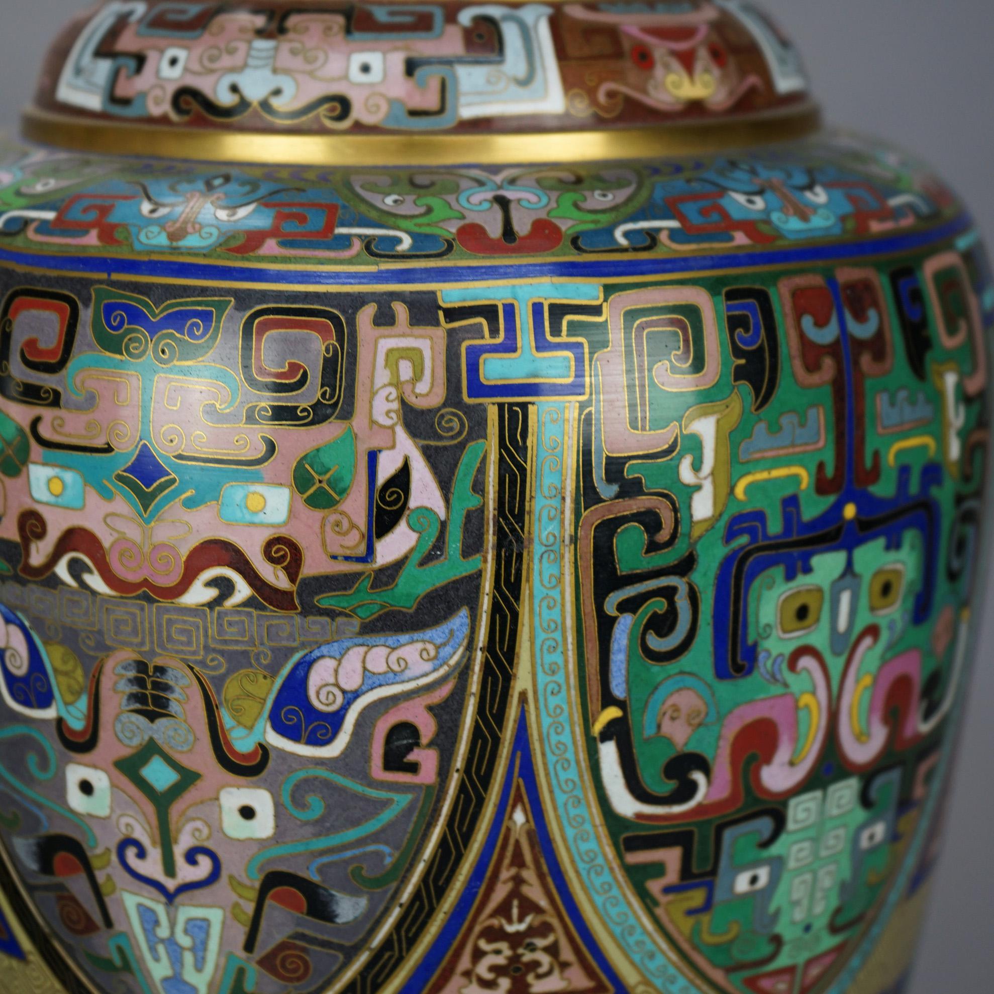 20th Century Monumental Pair of Chinese Cloisonne Vases with Stylized Foliage & Animals 20thc