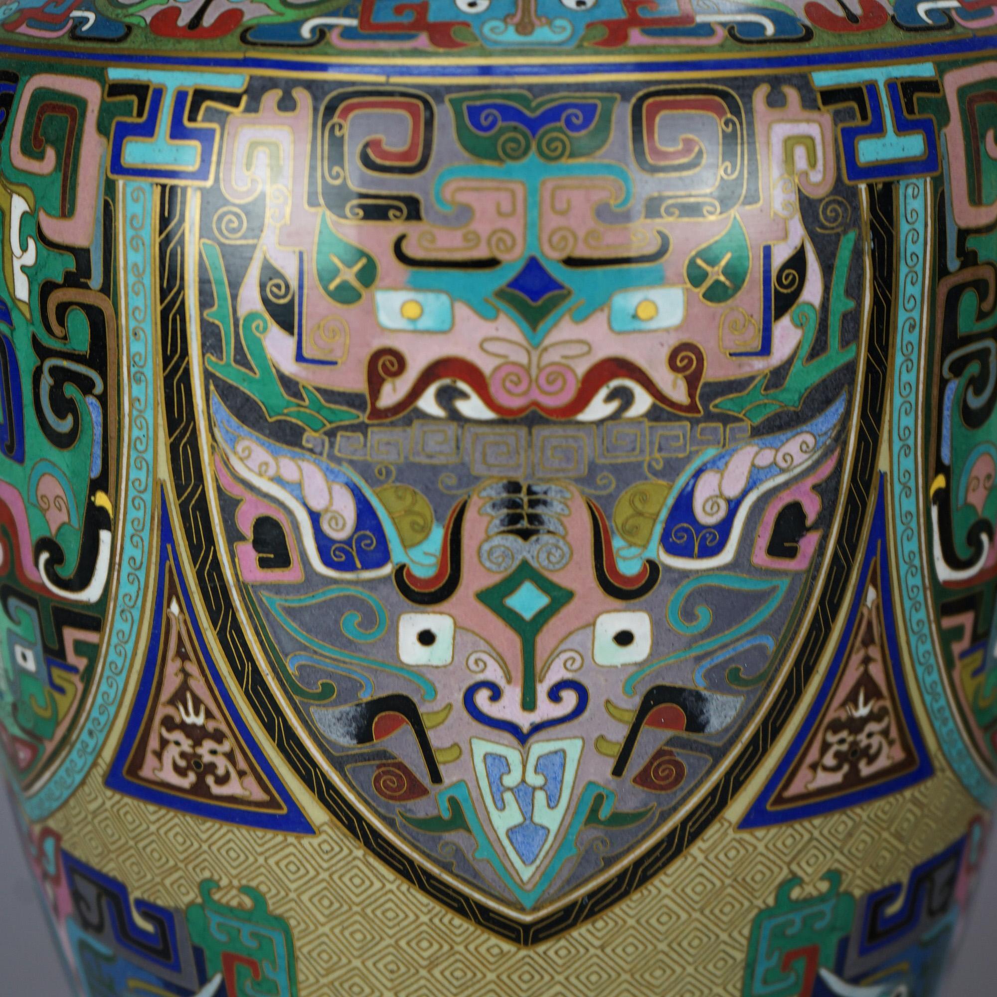 Metal Monumental Pair of Chinese Cloisonne Vases with Stylized Foliage & Animals 20thc