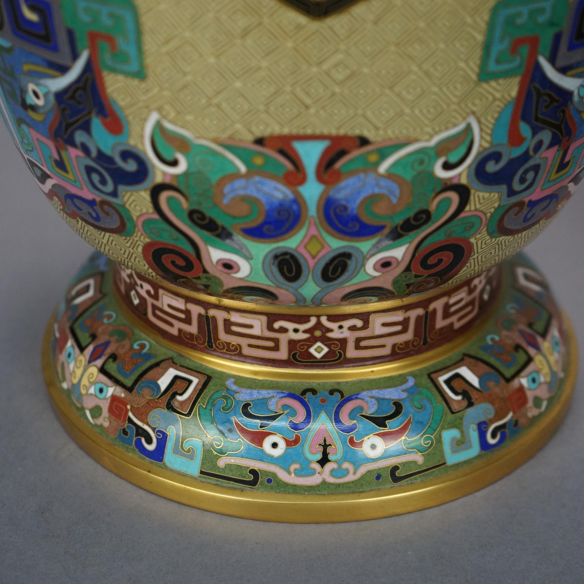 Monumental Pair of Chinese Cloisonne Vases with Stylized Foliage & Animals 20thc 1