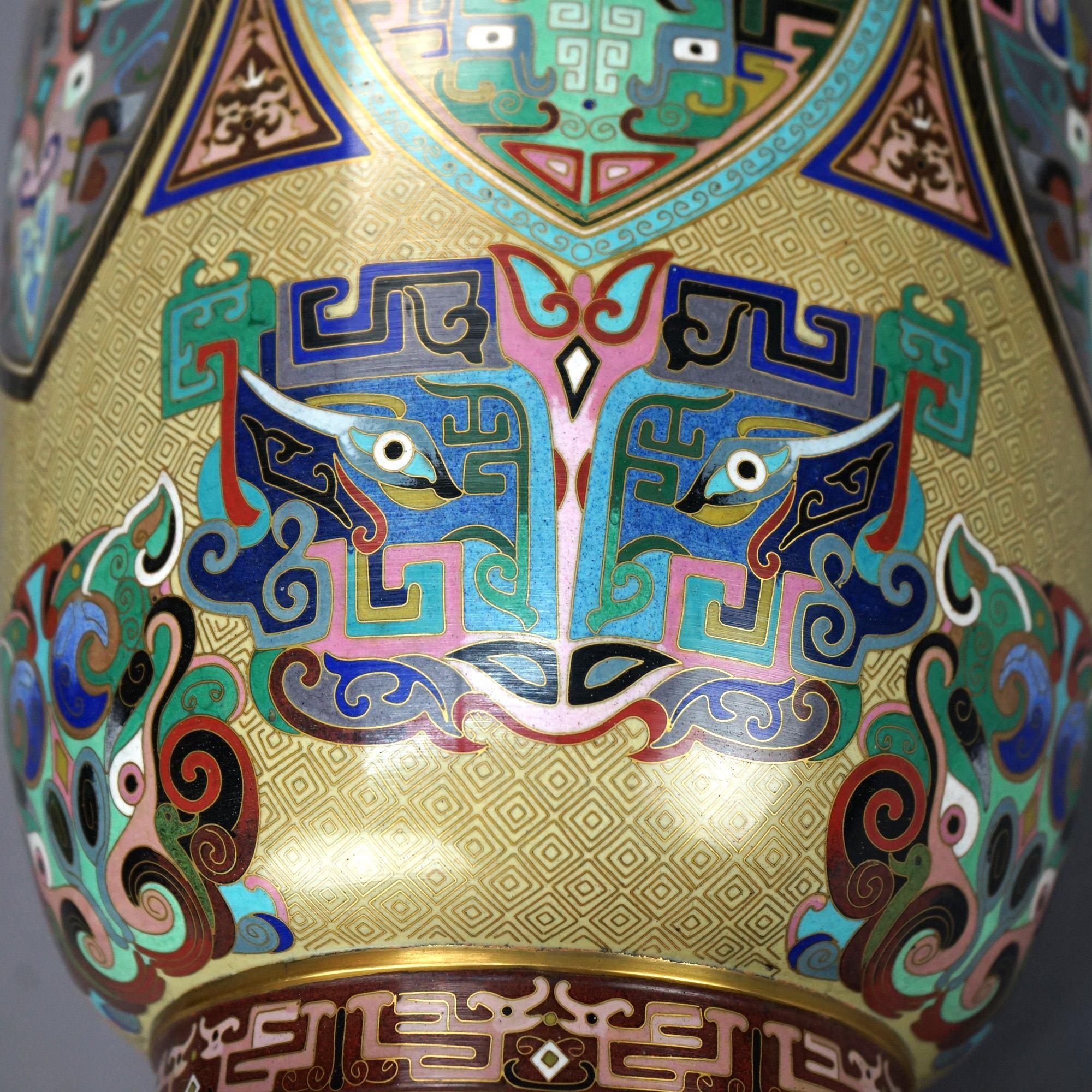 Monumental Pair of Chinese Cloisonne Vases with Stylized Foliage & Animals 20thc 2