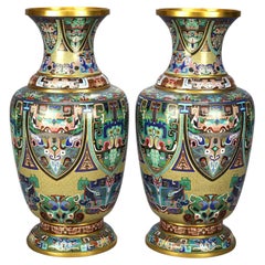 Monumental Pair of Chinese Cloisonne Vases with Stylized Foliage & Animals 20thc