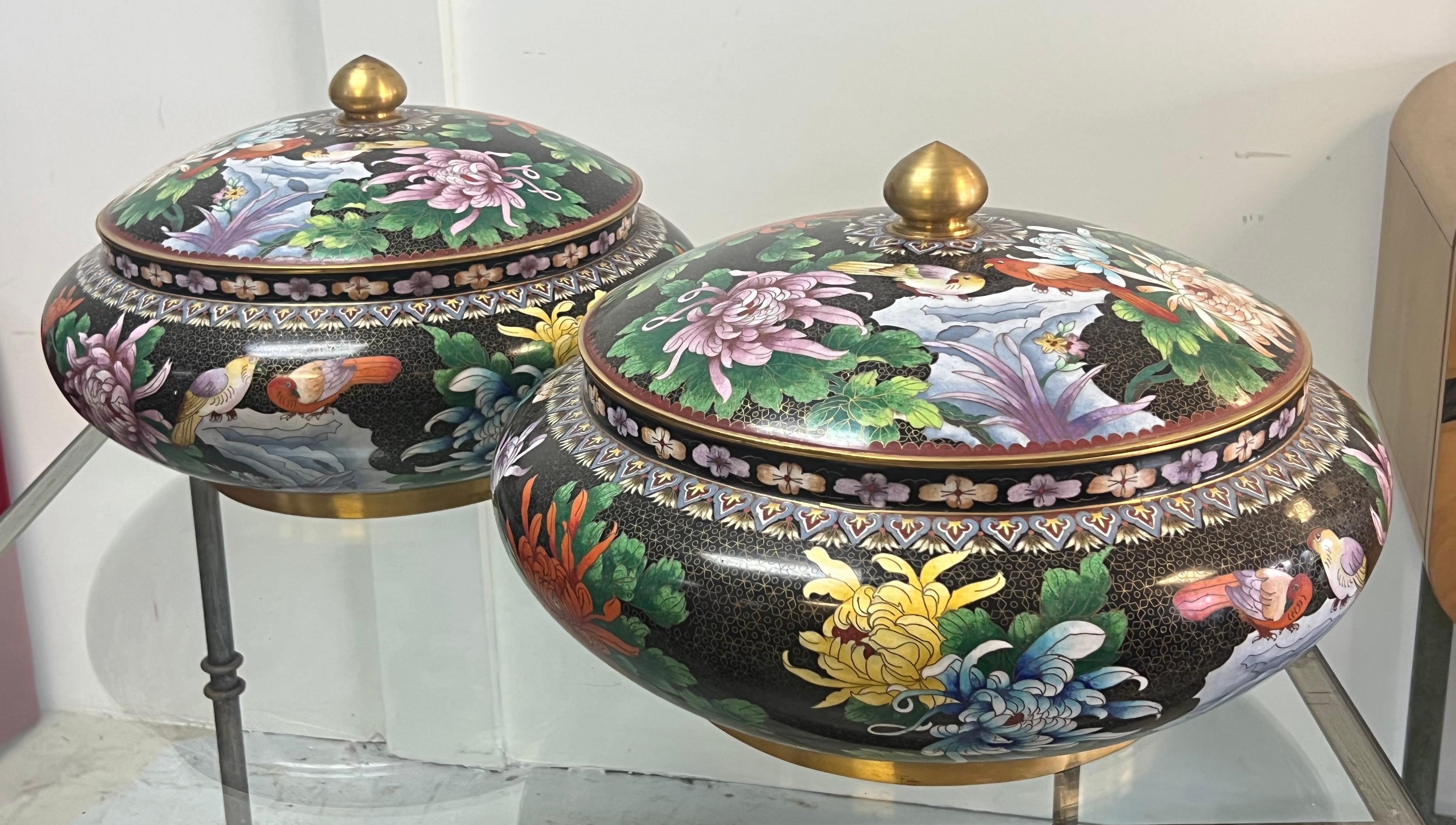 20ième siècle Paire monumentale de coupes à urne cloisonnées et cloisonnées en vente