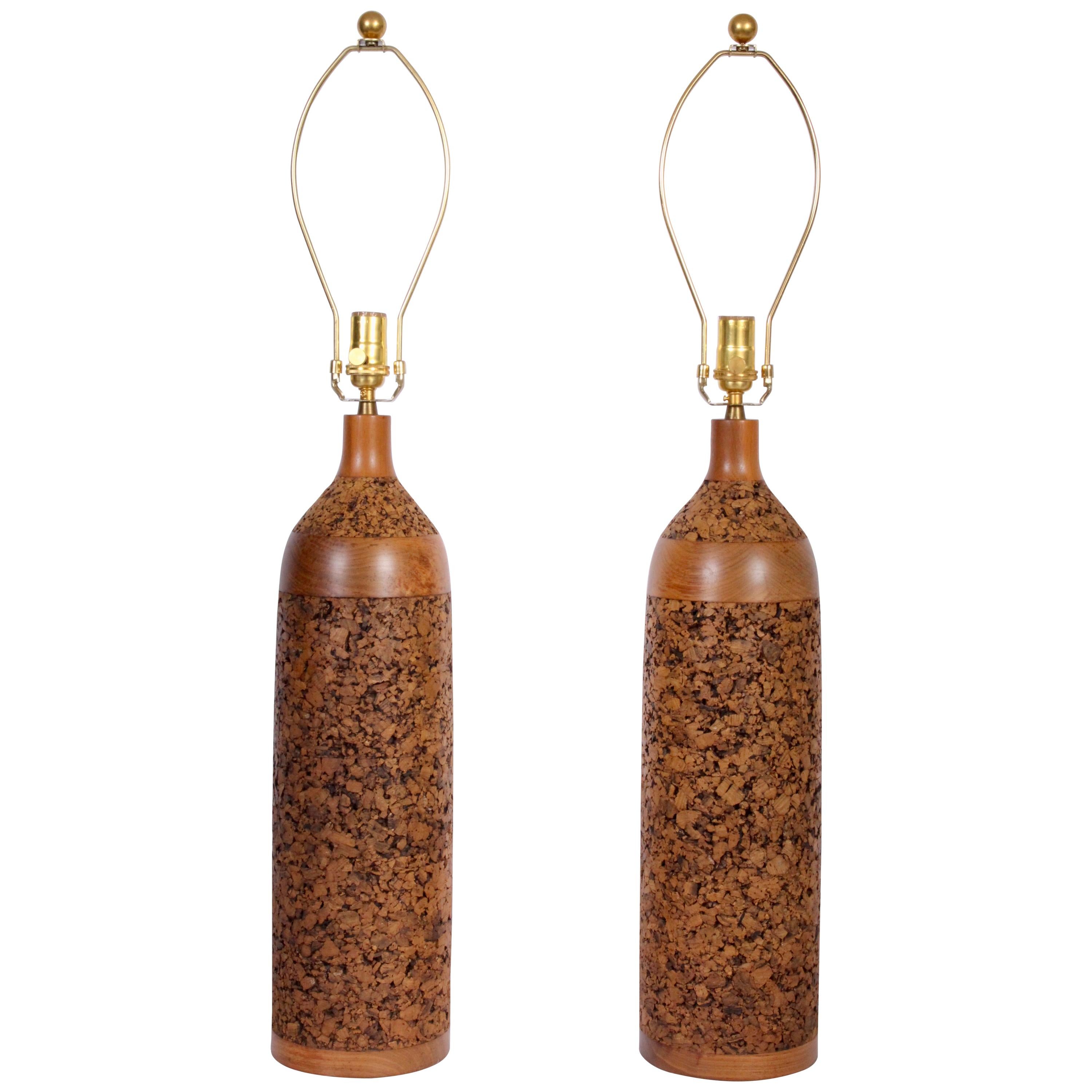 Monumental Pair of Contoured Natural Cork 
Walnut Table Lamps, 1960
s