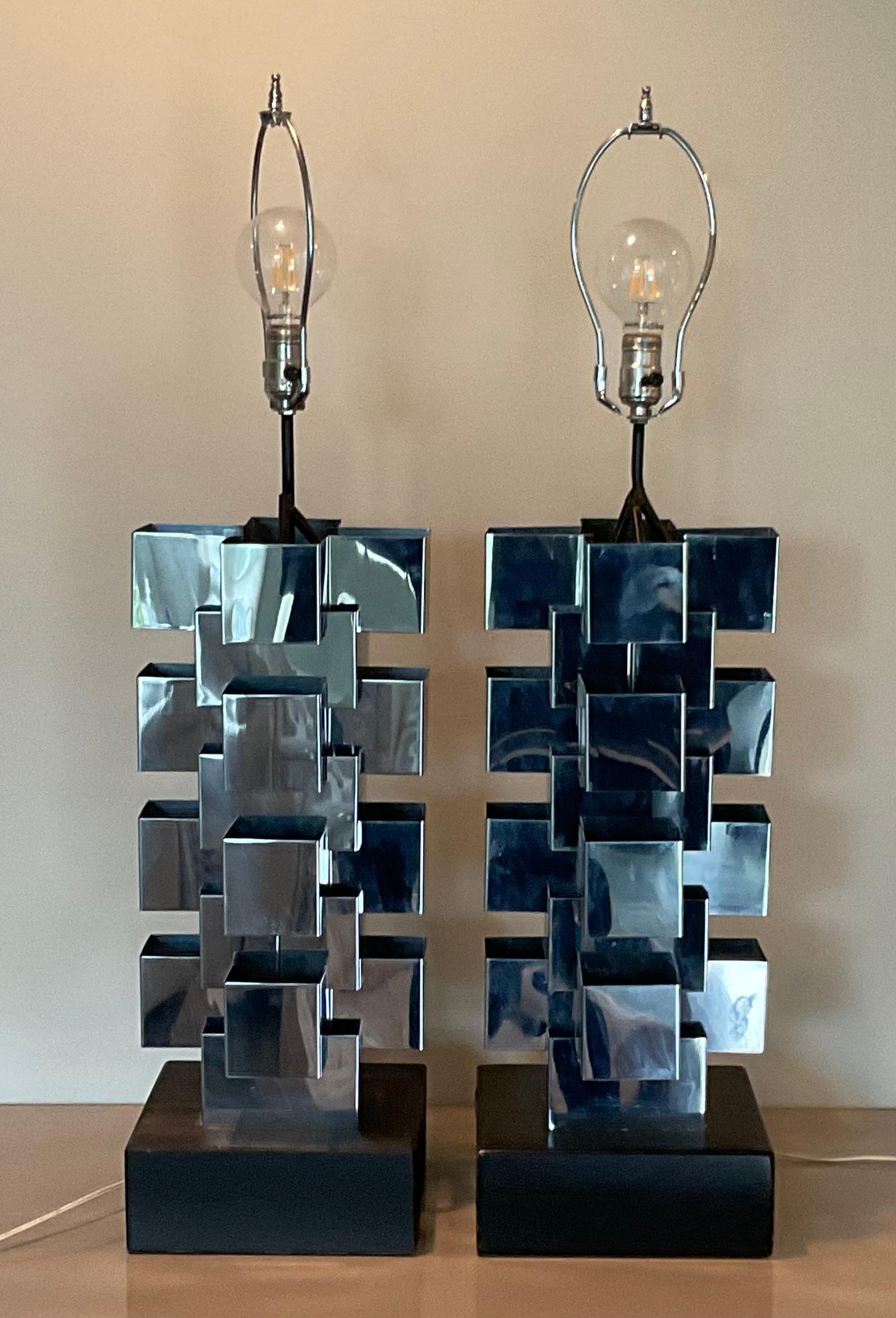 MONUMENTAL Pair of Curtis Jere Skyscraper Lamps in Chrome with Original shades  3