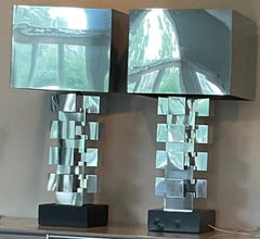 MONUMENTAL Pair of Curtis Jere Skyscraper Lamps in Chrome with Original shades