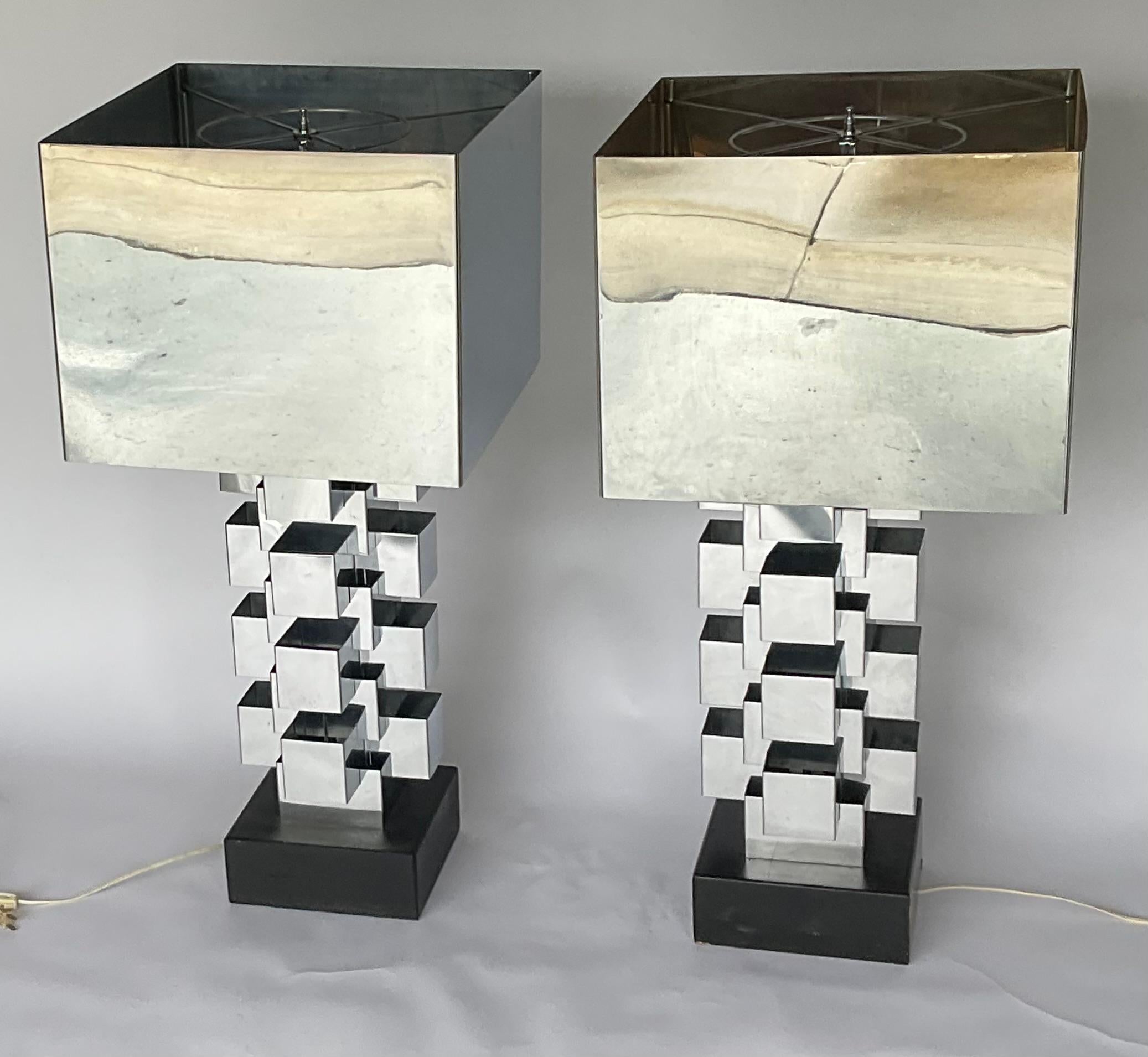 MONUMENTAL Pair of Curtis Jere Skyscraper Lamps in Chrome with Original shades  1