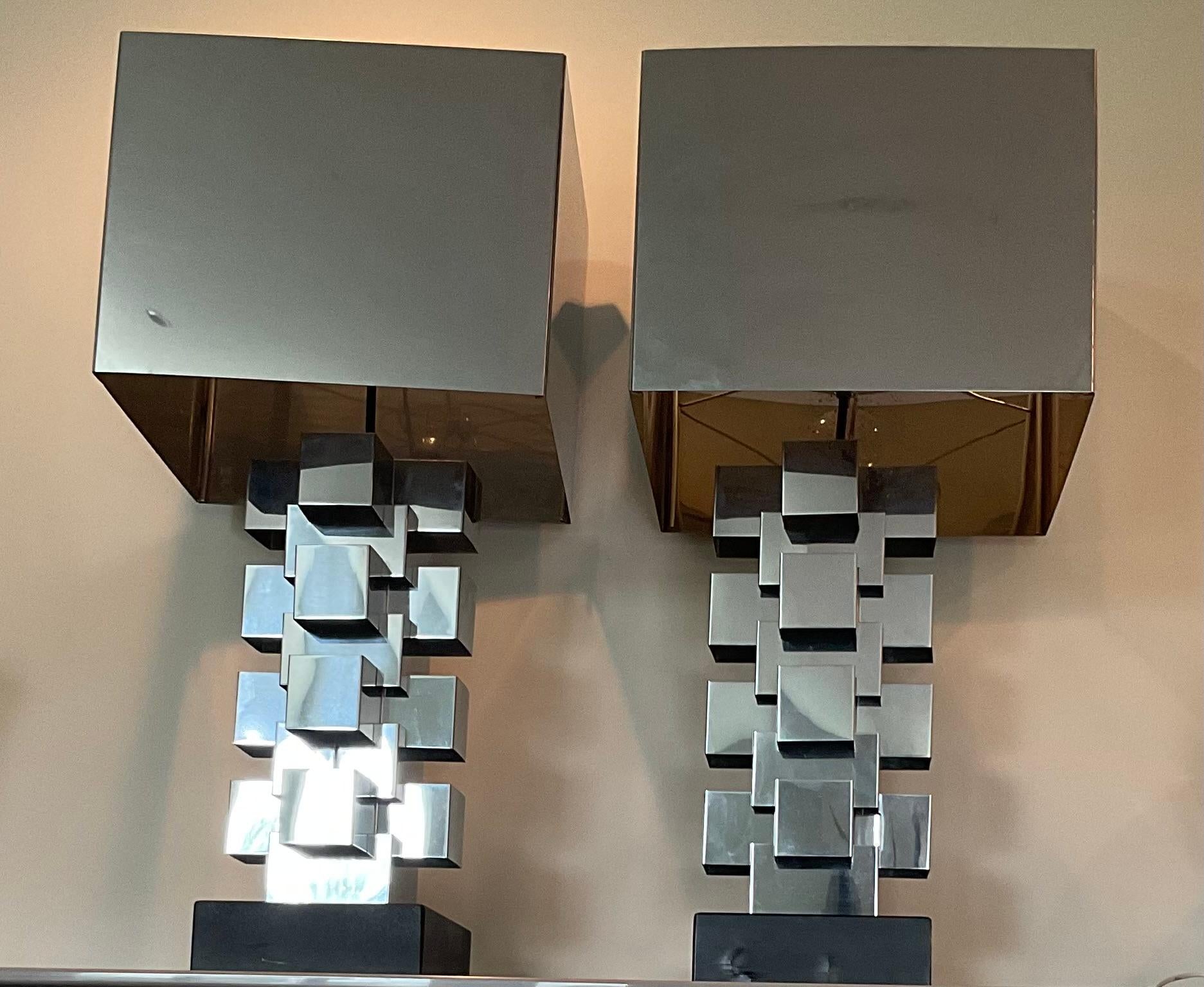 MONUMENTAL Pair of Curtis Jere Skyscraper Lamps in Chrome with Original shades  2