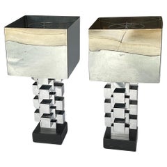 Paire de lampes gratte-ciel Curtis Jere en chrome avec abat-jour d'origine