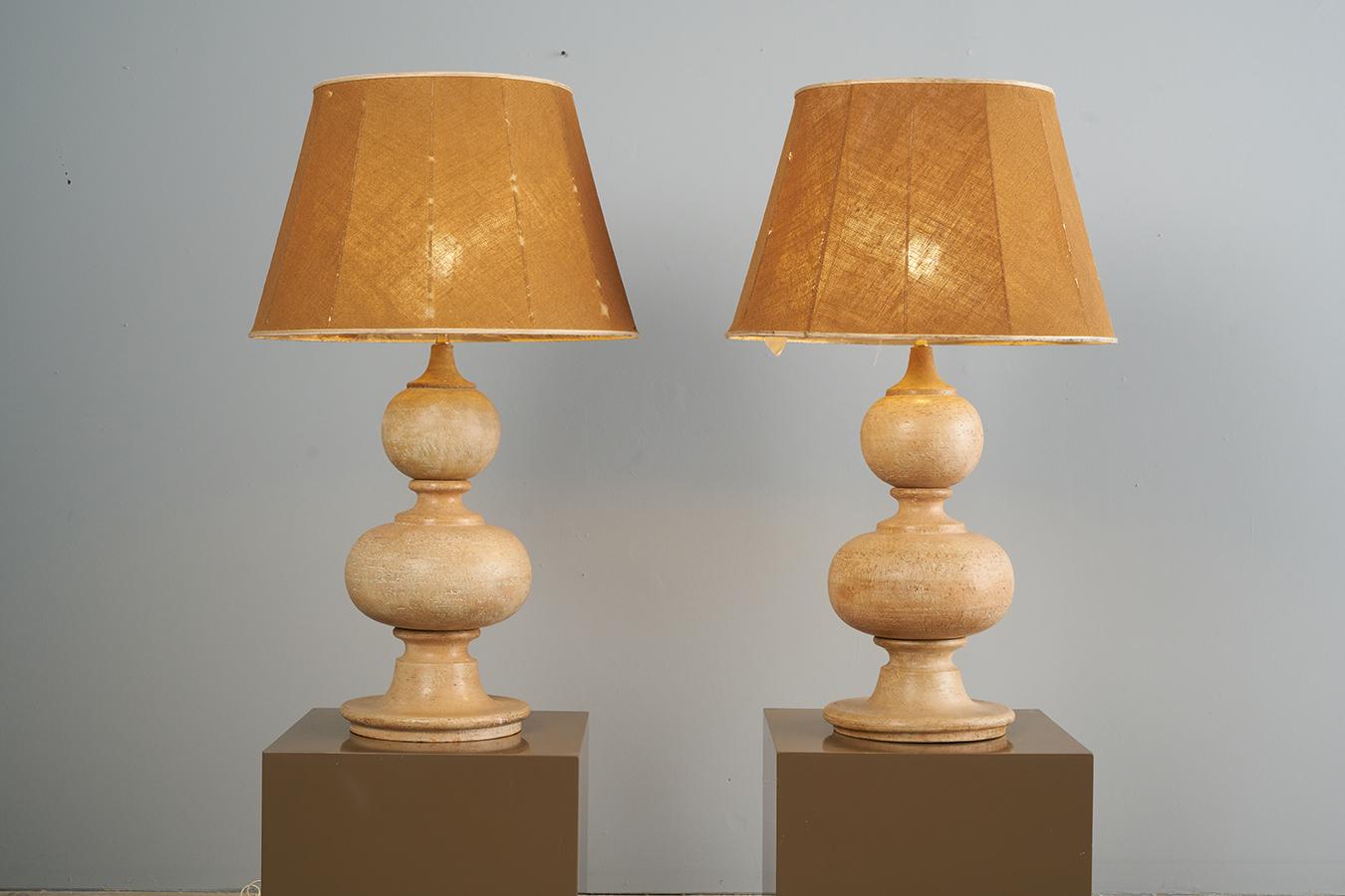 Dimensions given above are with shade. 
Sans shade height to top of socket: 27”
Diameter of lamp body: 11”

Monumental Pair of Earthenware Italian Ceramic Lamps by Ugo Zaccagnini with original shades. 
We are pleased to offer the largest pair of