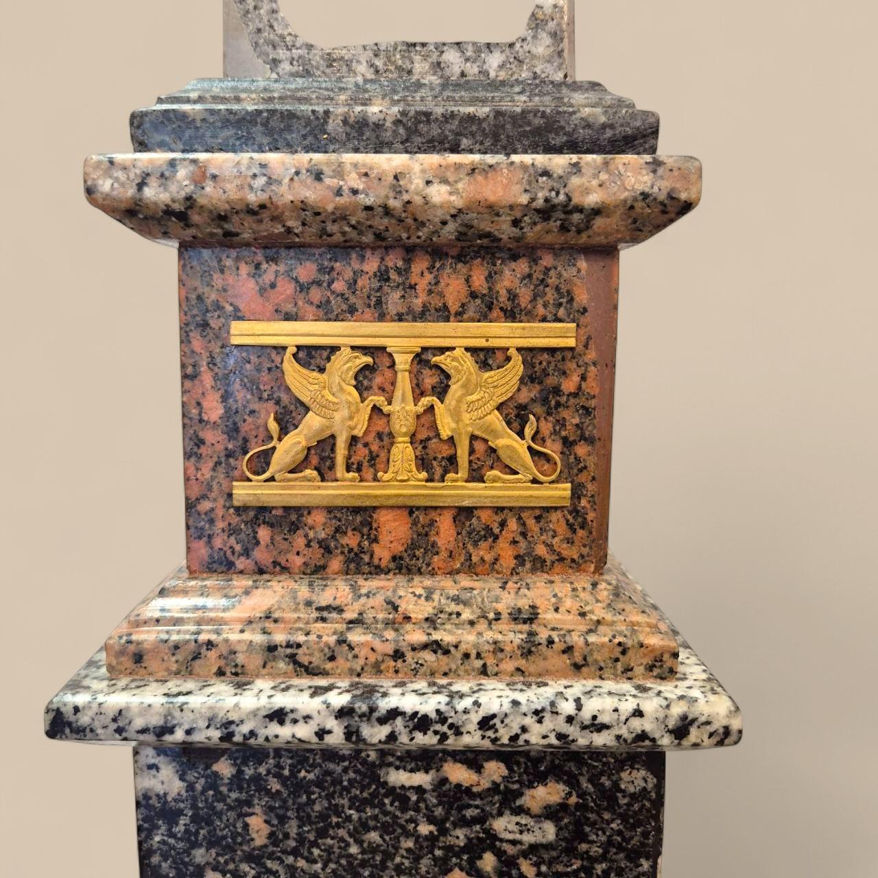 Bronze Monumental pair of Empire style porphyry and bronze obelisks, 19th century For Sale