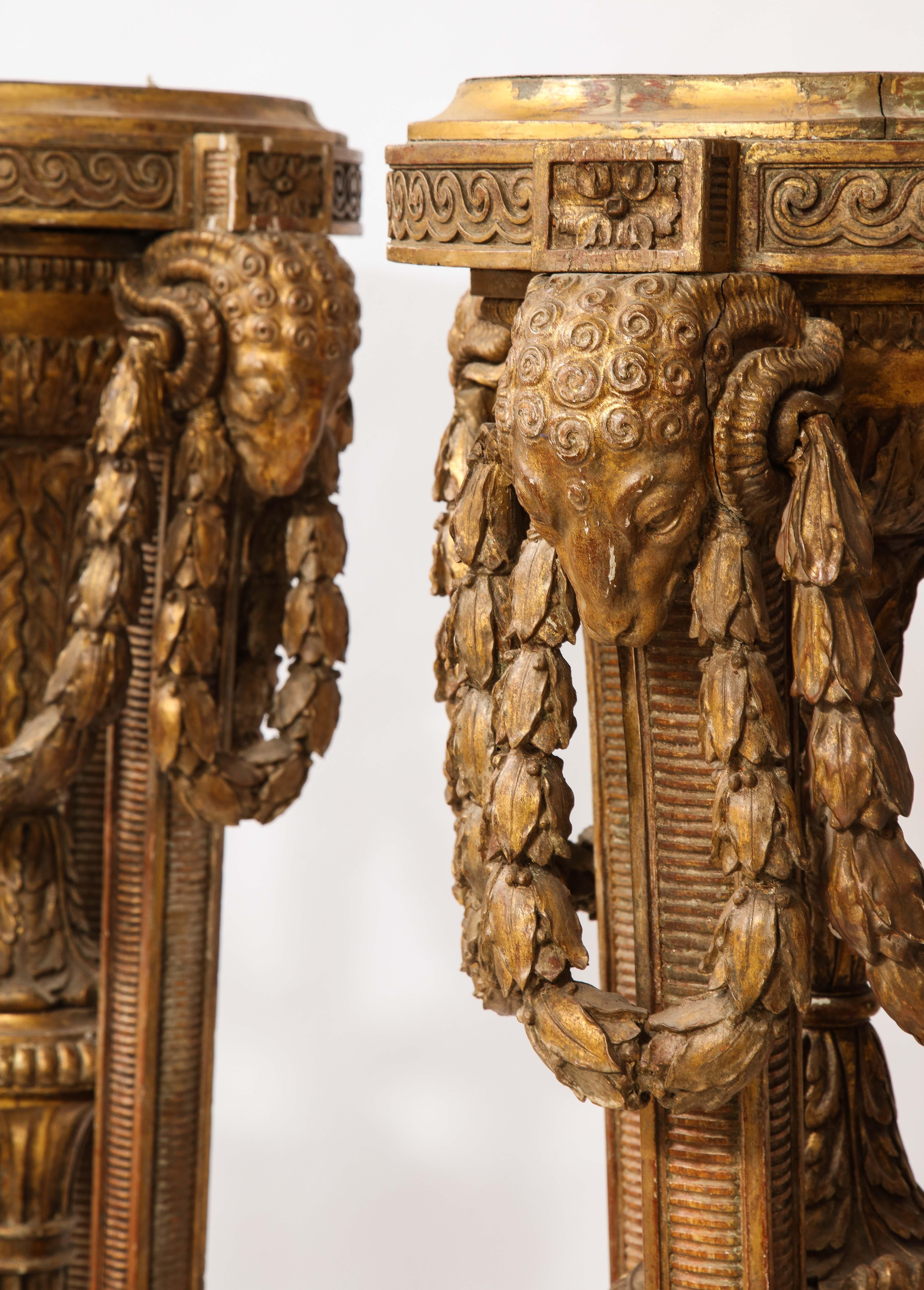Monumental Pair of English Giltwood Torcheres w/ Rams Heads, Laurels, & Swags For Sale 4