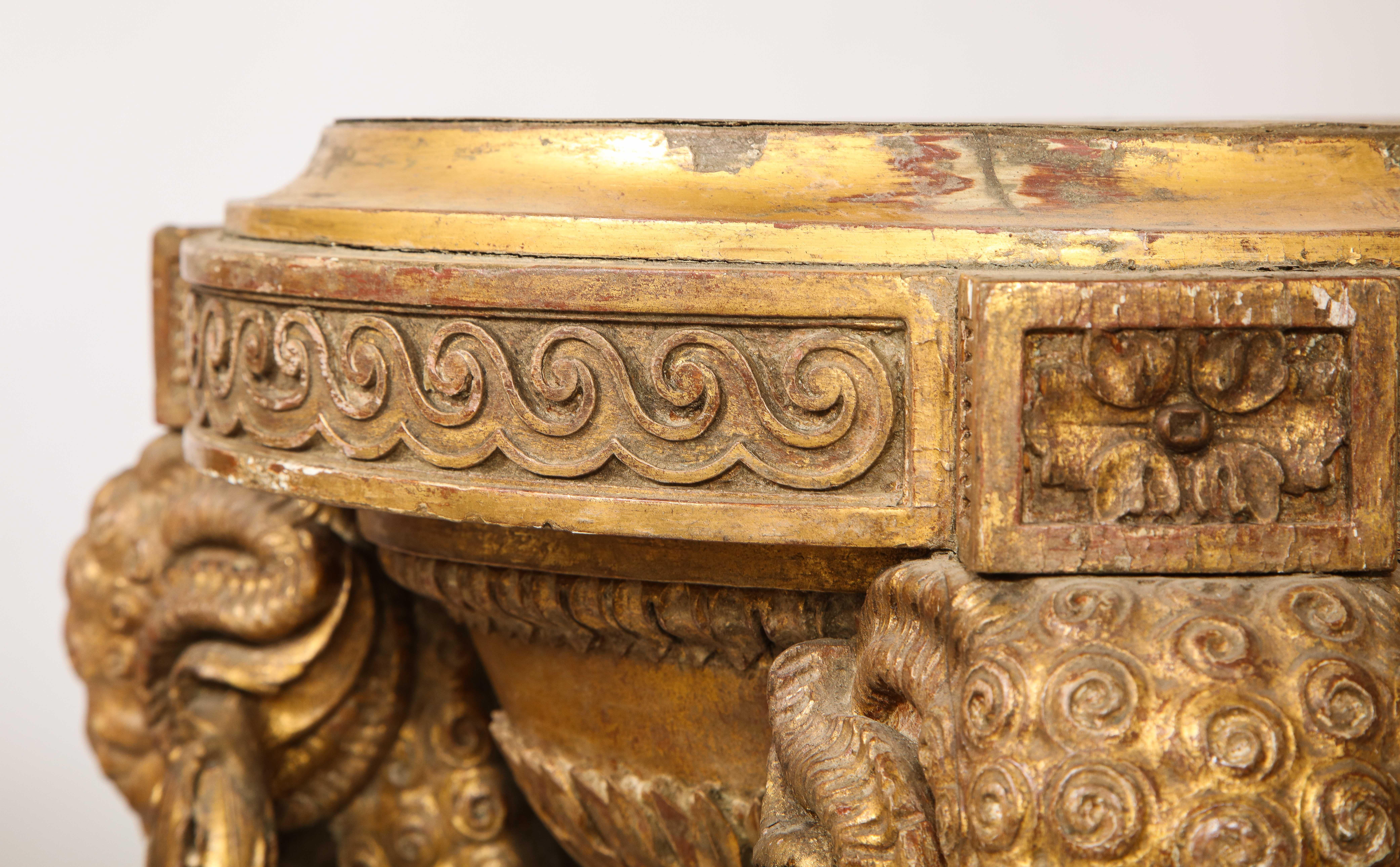 Monumental Pair of English Giltwood Torcheres w/ Rams Heads, Laurels, & Swags For Sale 13
