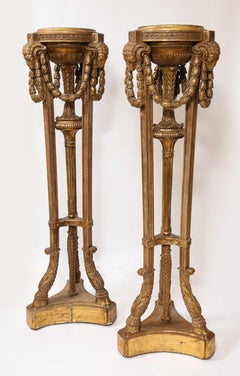 Monumental Pair of English Giltwood Torcheres w/ Rams Heads, Laurels, & Swags
