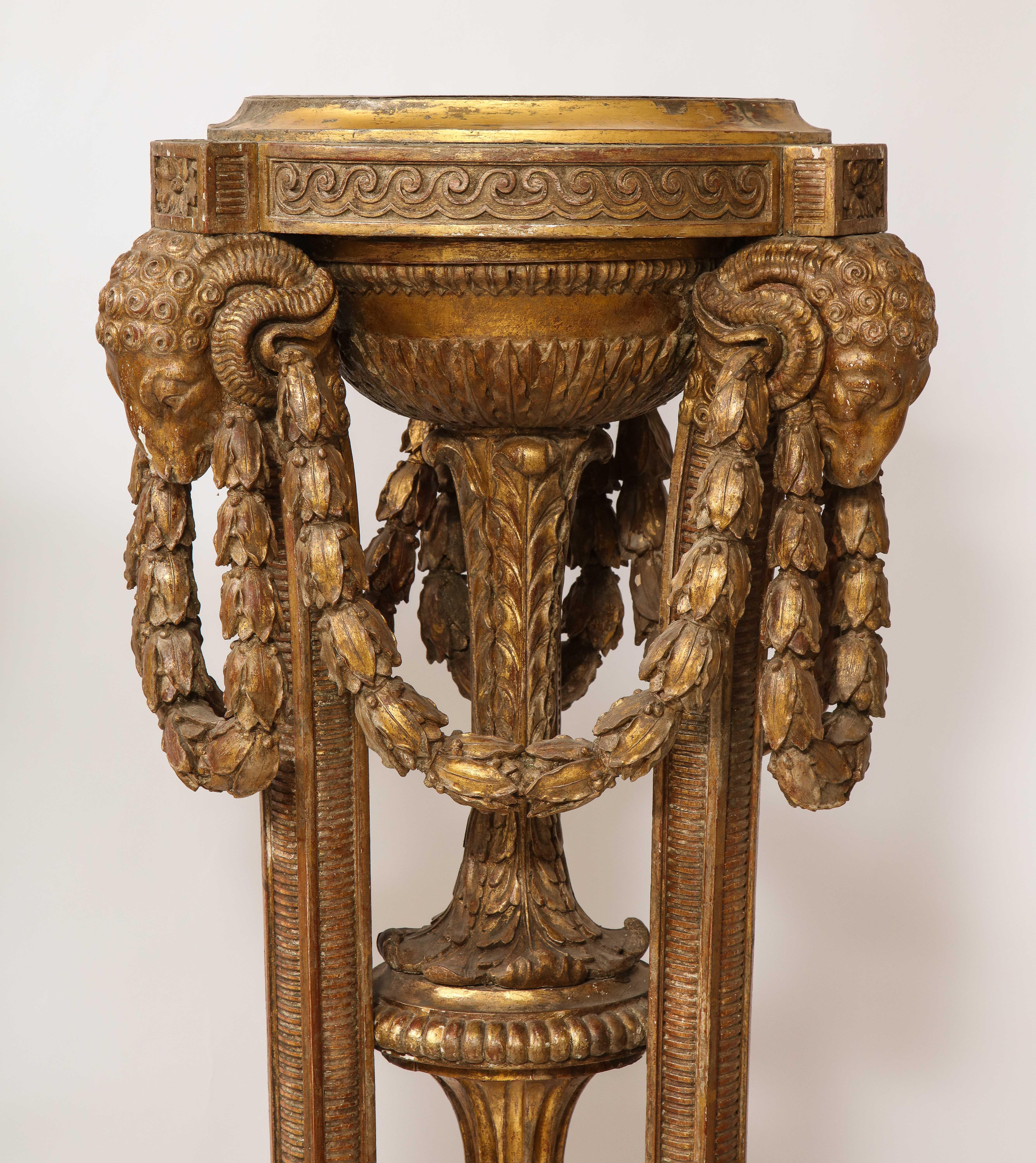 Hand-Carved Monumental Pair of English Giltwood Torcheres w/ Rams Heads, Laurels, & Swags For Sale