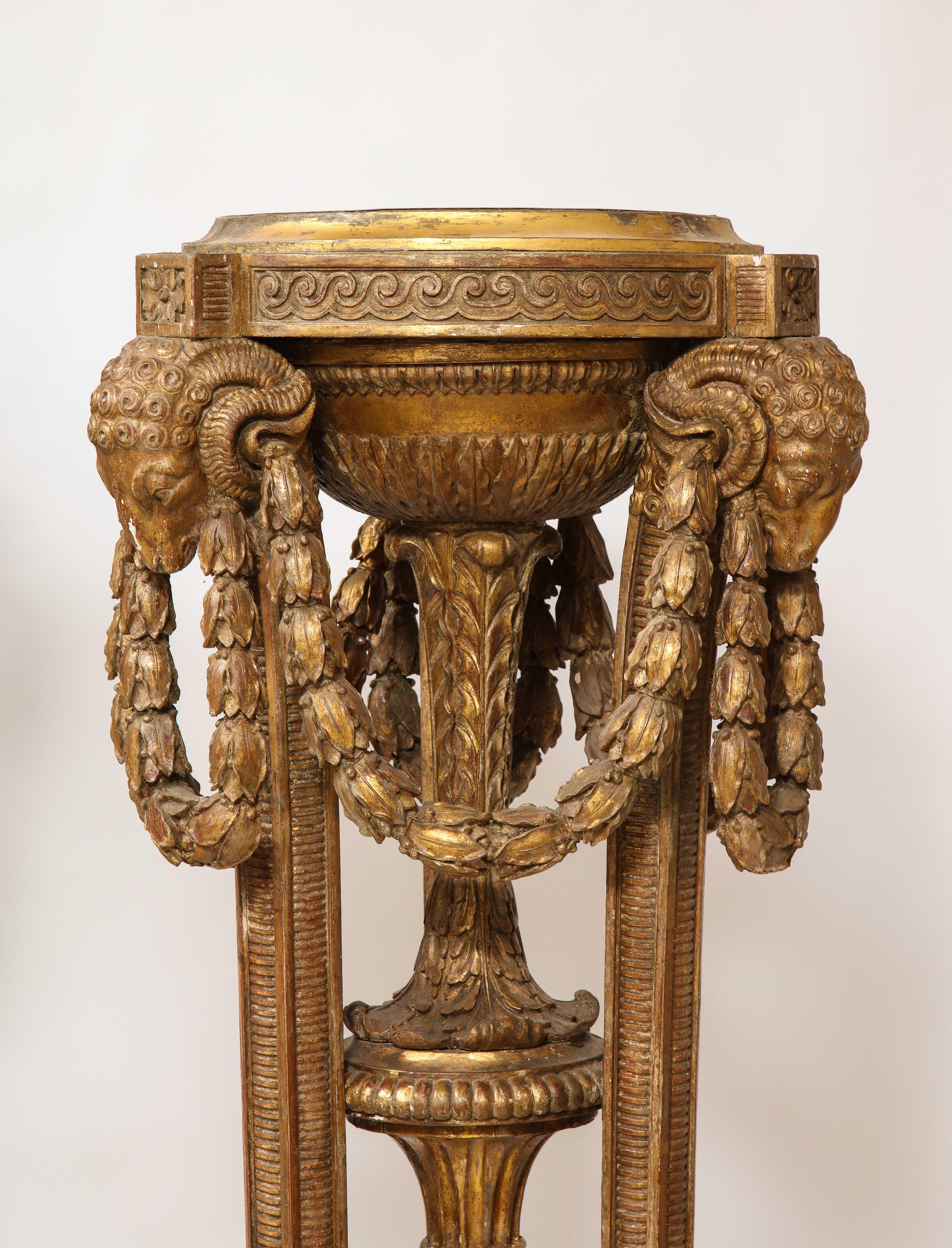 Mid-19th Century Monumental Pair of English Giltwood Torcheres w/ Rams Heads, Laurels, & Swags For Sale
