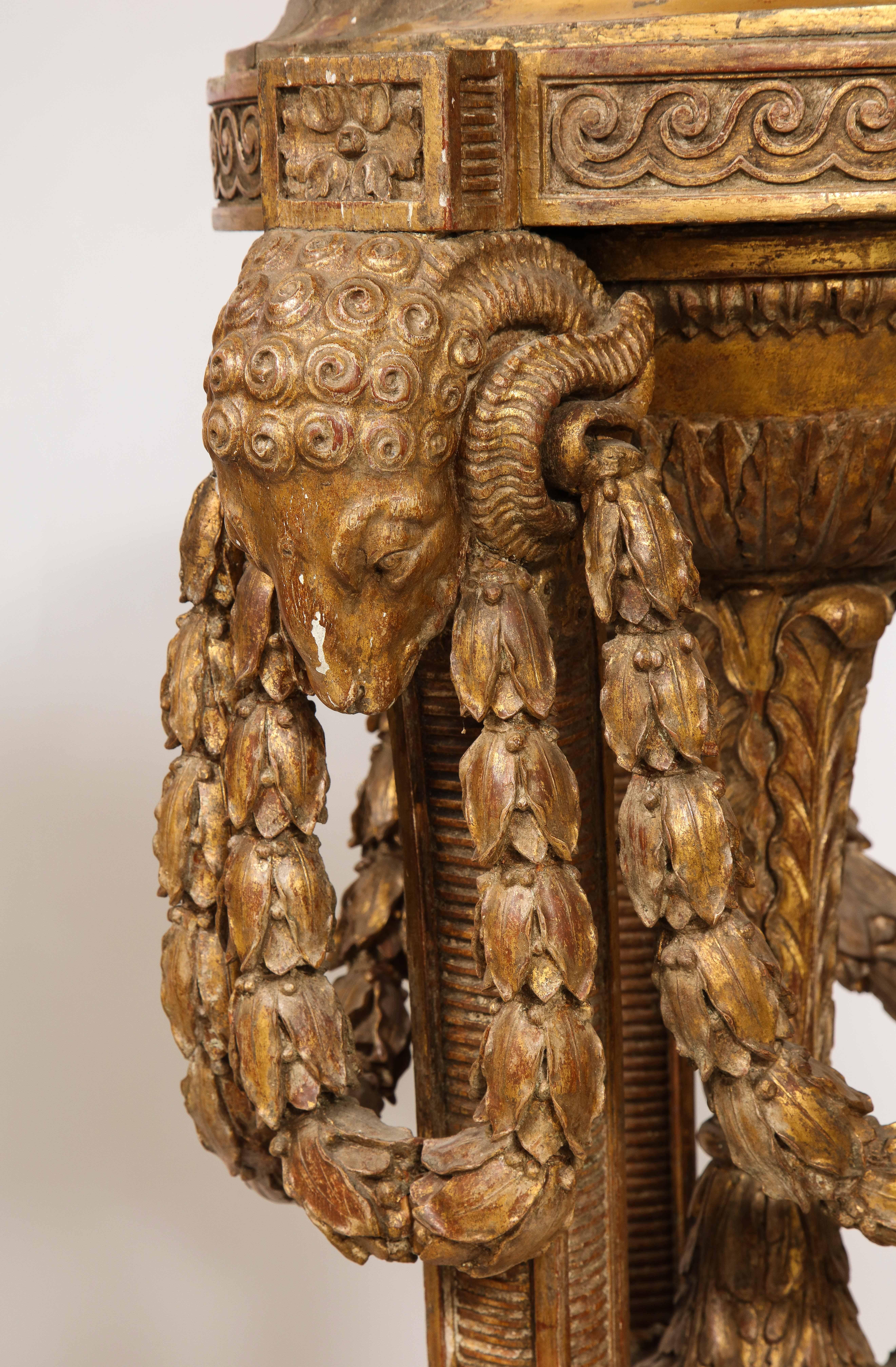 Monumental Pair of English Giltwood Torcheres w/ Rams Heads, Laurels, & Swags For Sale 1