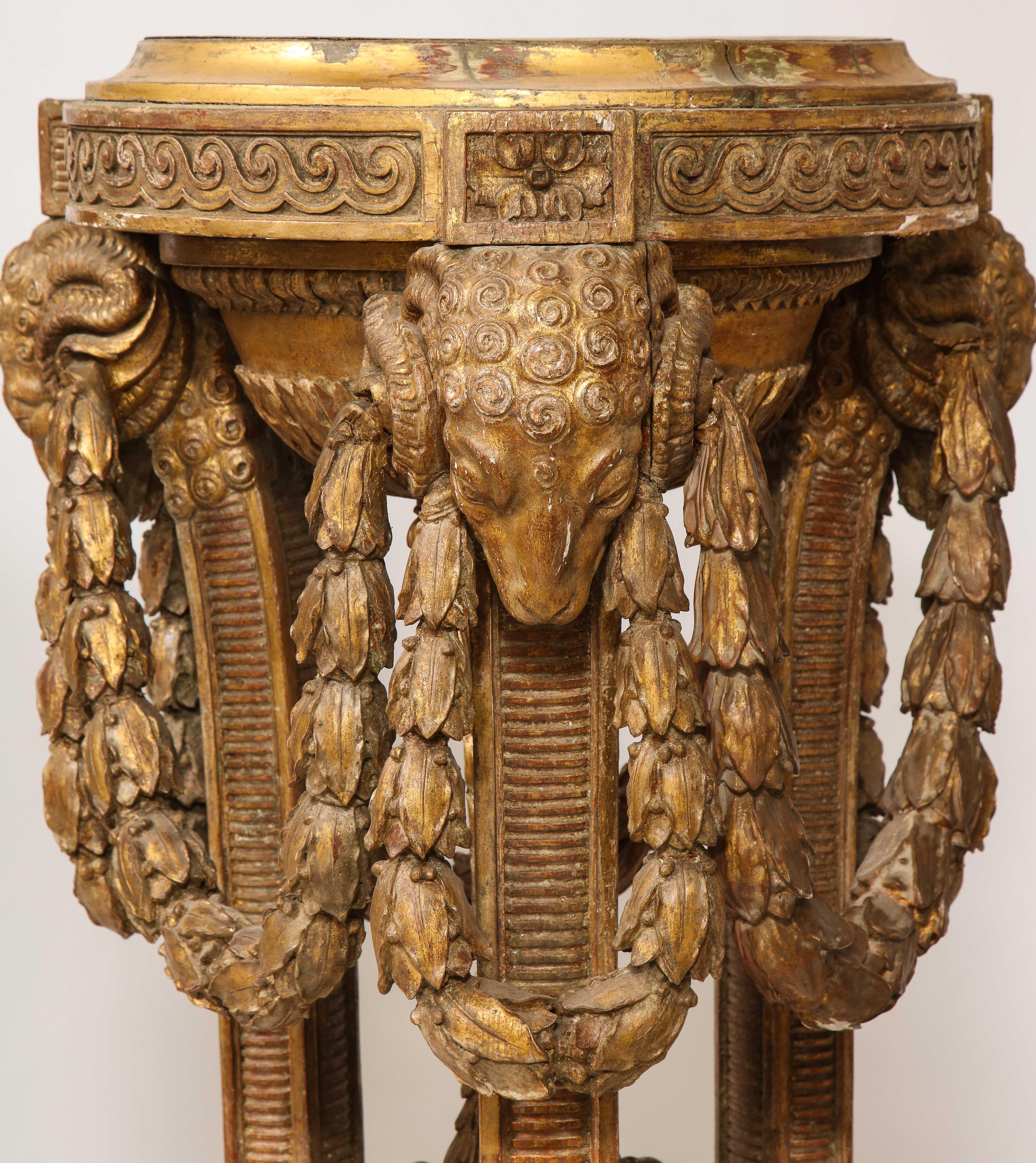Monumental Pair of English Giltwood Torcheres w/ Rams Heads, Laurels, & Swags For Sale 2
