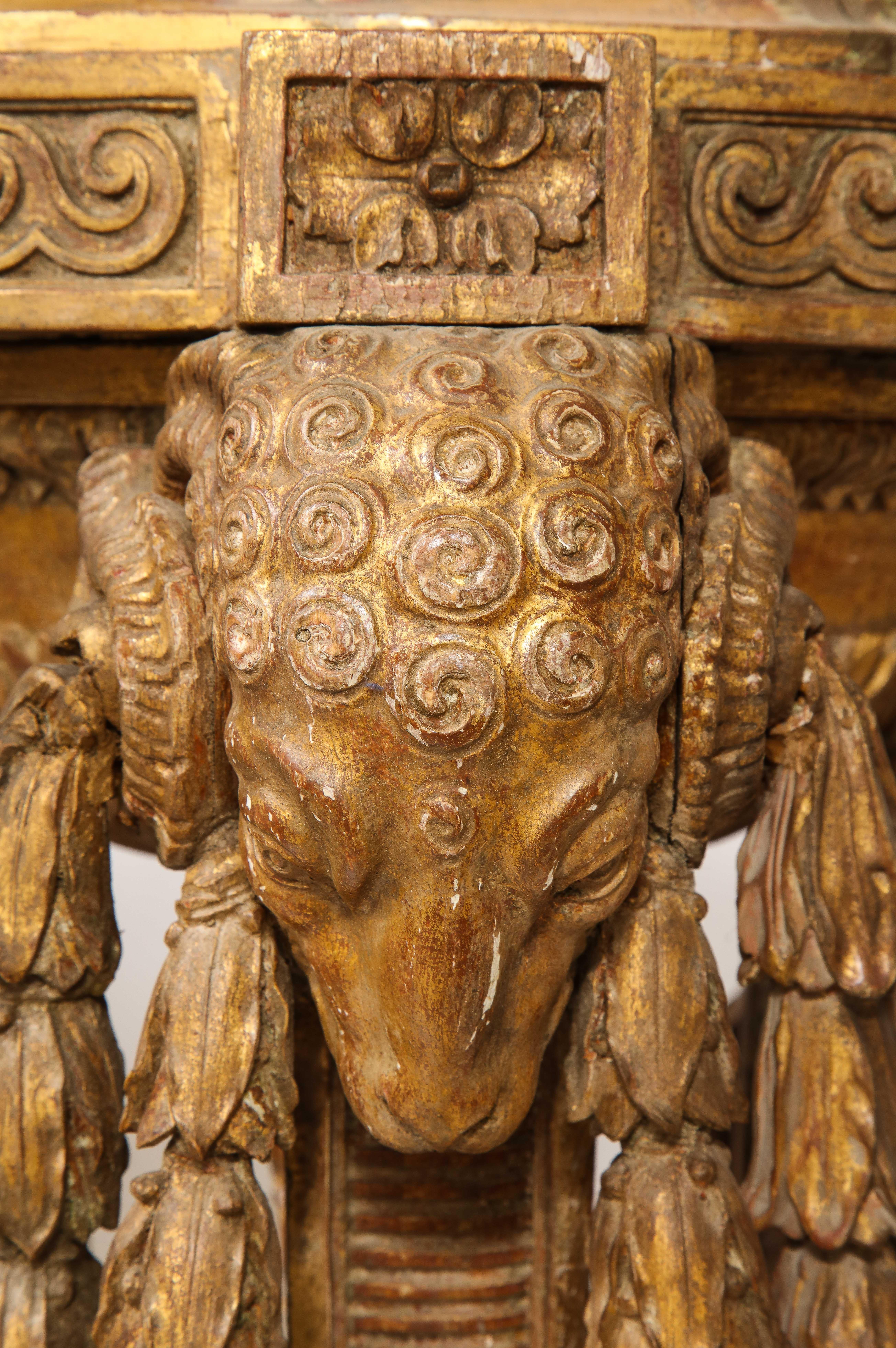 Monumental Pair of English Giltwood Torcheres w/ Rams Heads, Laurels, & Swags For Sale 3