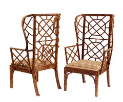 Monumental Pair of Faux Tortoise Chinese Chippendale Style Arm Chairs