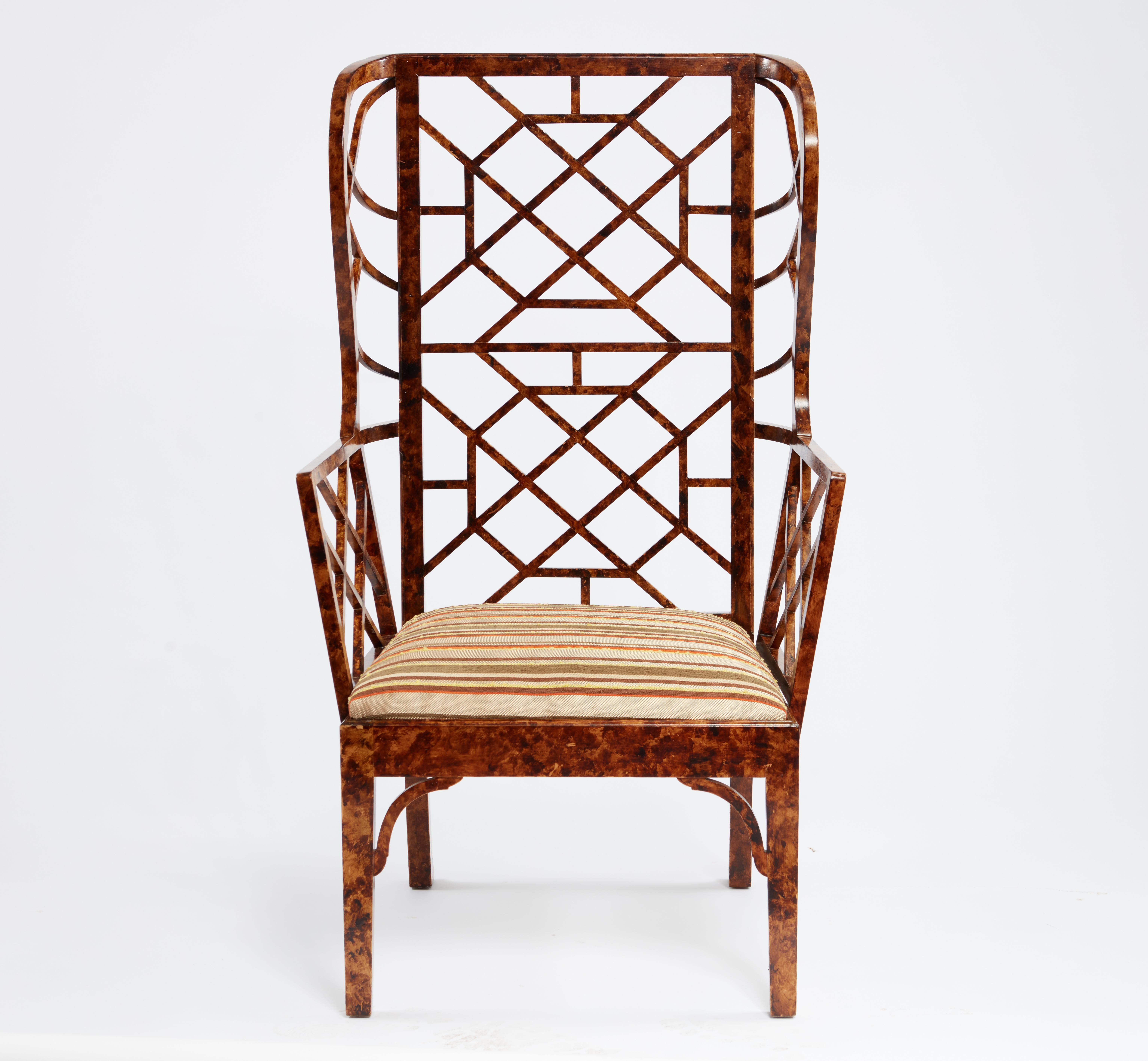 American Monumental Pair of Faux Tortoise Chinese Chippendale Style Arm Chairs For Sale