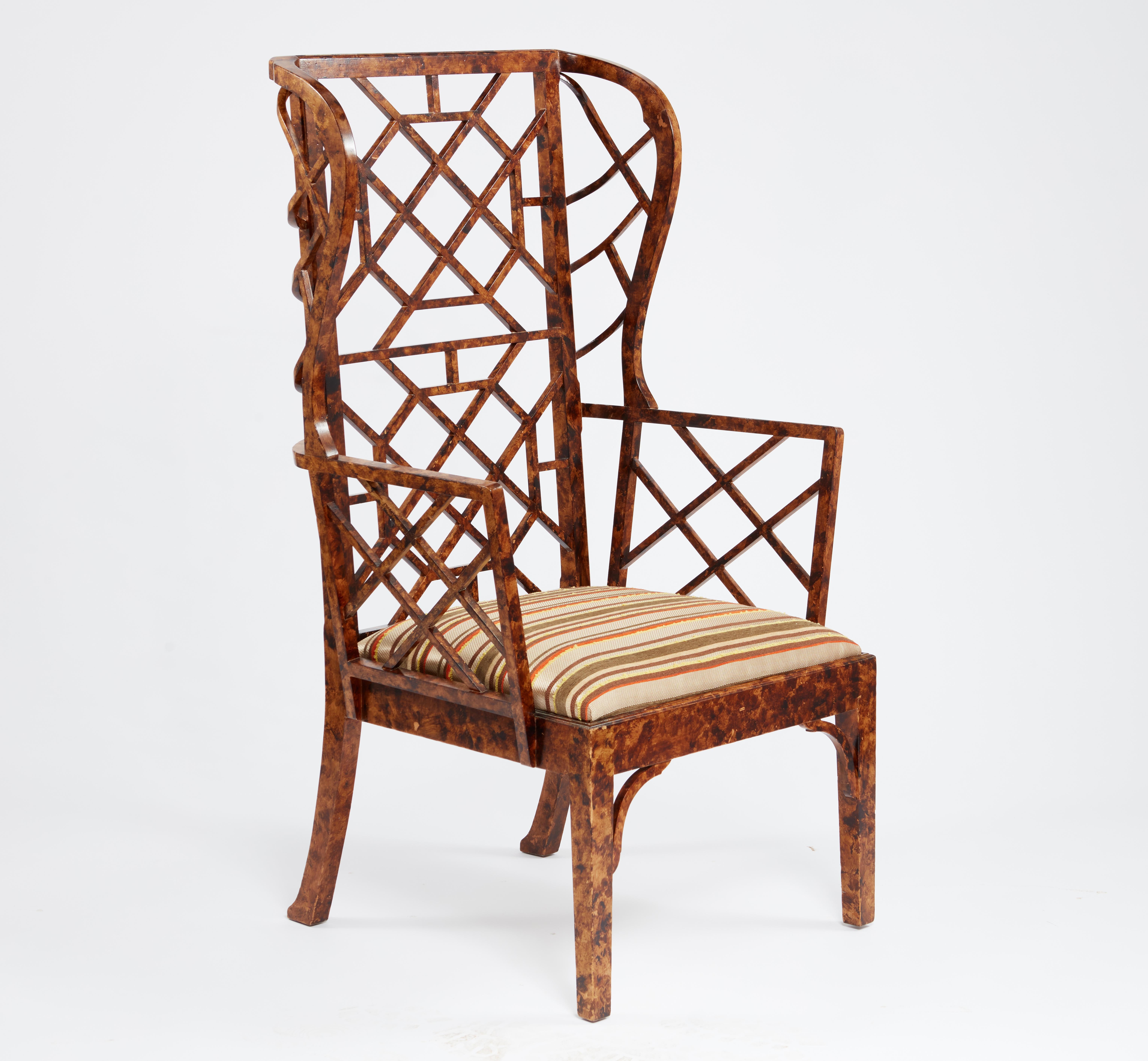 Faux Bois Monumental Pair of Faux Tortoise Chinese Chippendale Style Arm Chairs For Sale