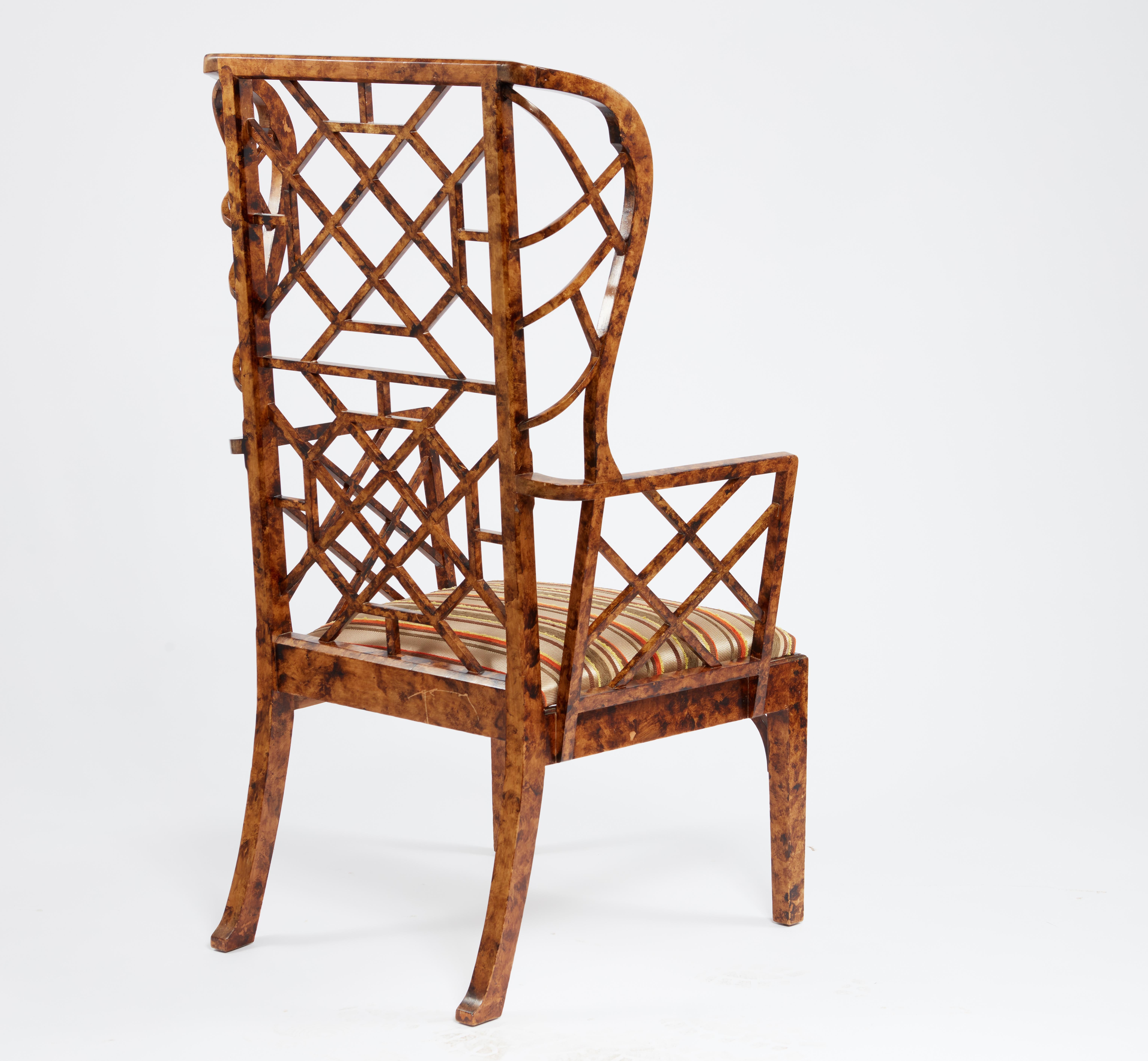 20th Century Monumental Pair of Faux Tortoise Chinese Chippendale Style Arm Chairs For Sale