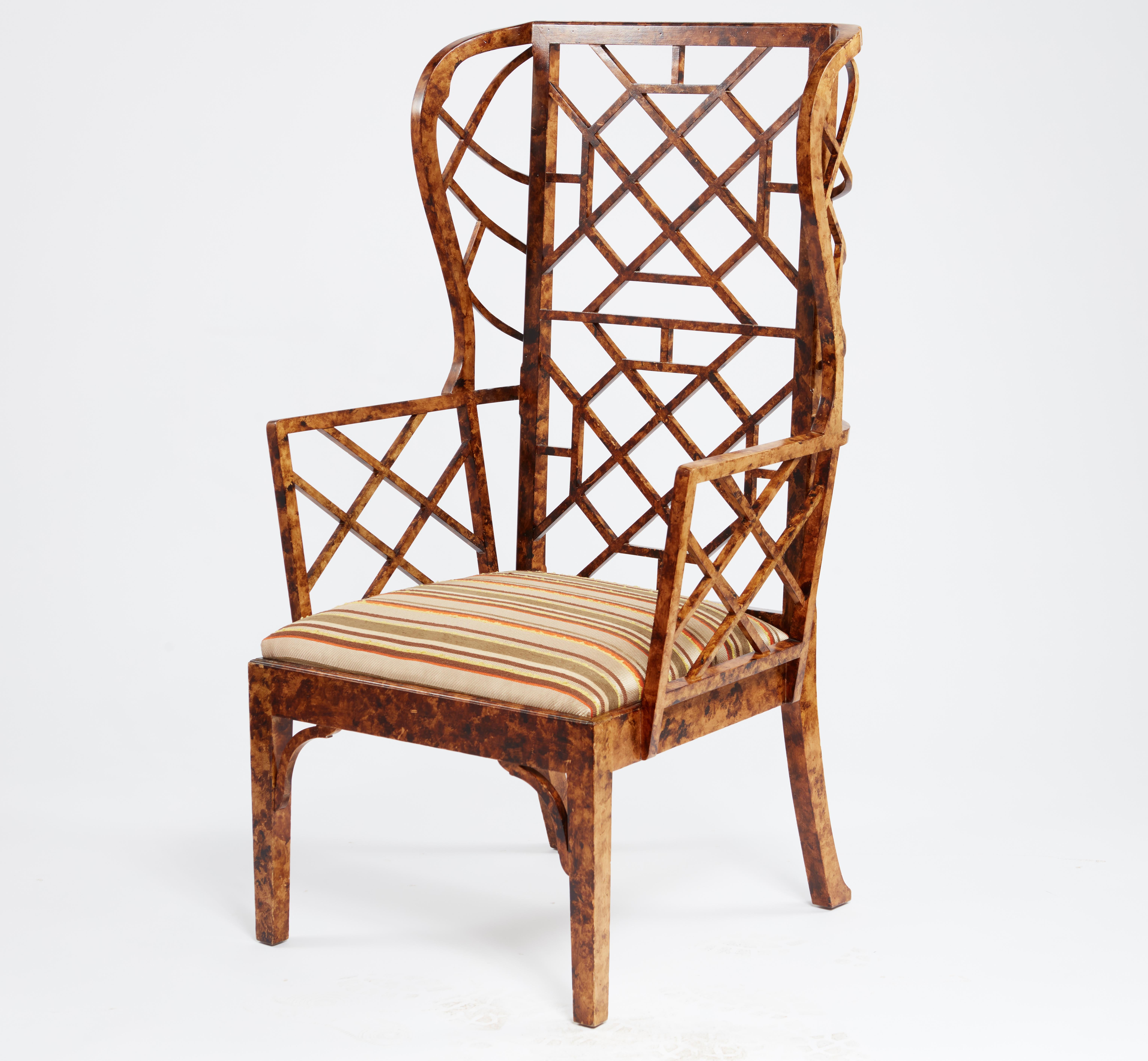 Wood Monumental Pair of Faux Tortoise Chinese Chippendale Style Arm Chairs For Sale