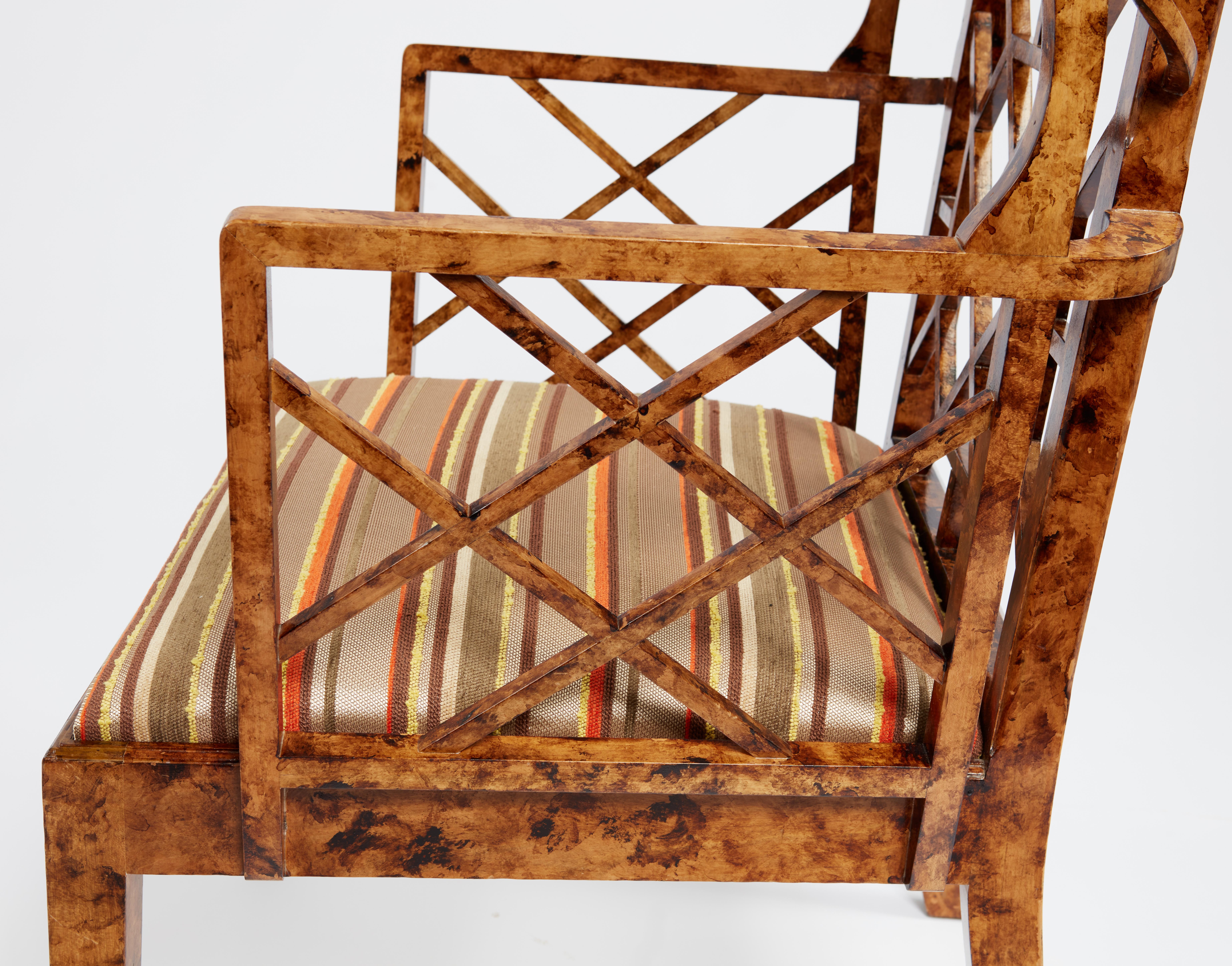 Monumental Pair of Faux Tortoise Chinese Chippendale Style Arm Chairs For Sale 1