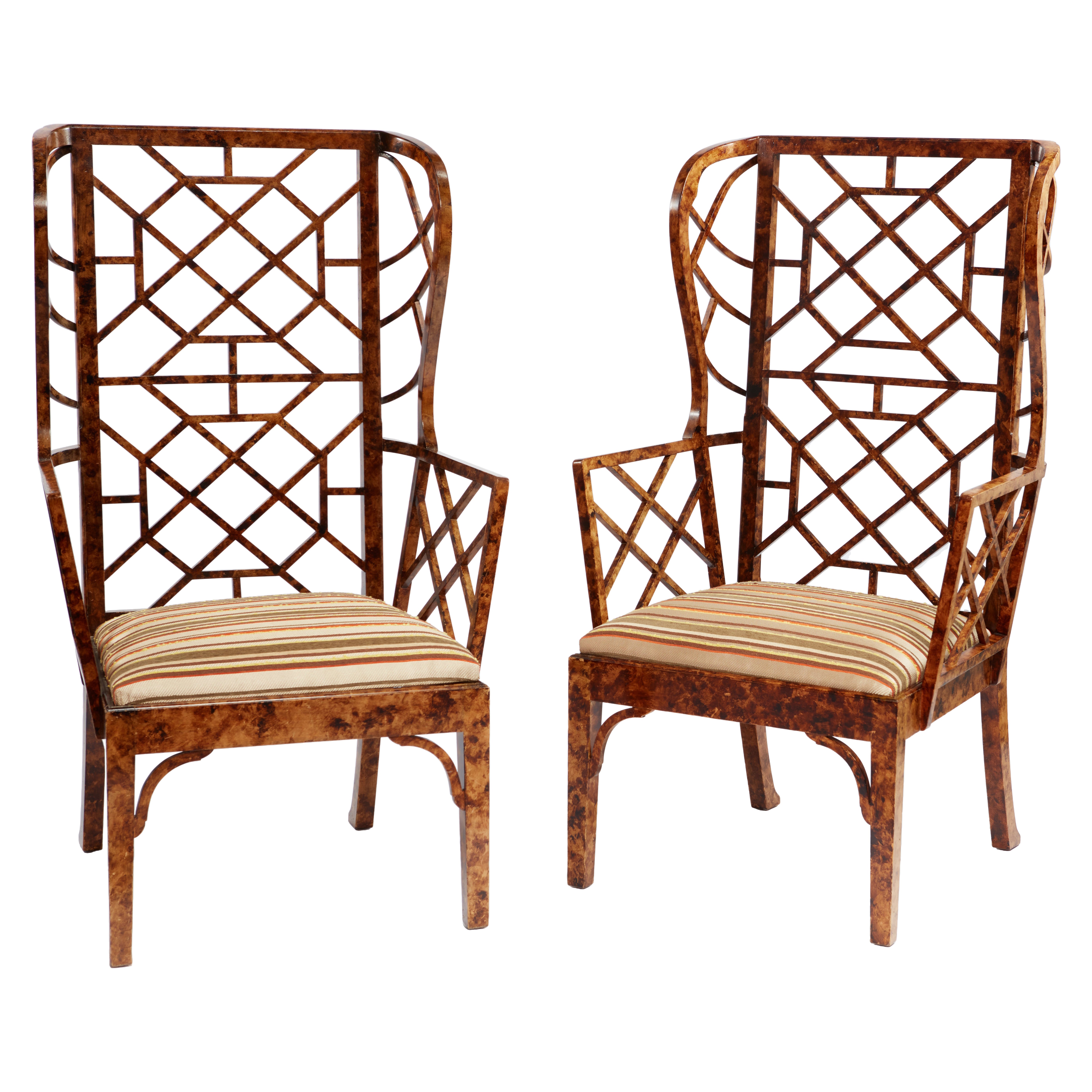 Monumental Pair of Faux Tortoise Chinese Chippendale Style Arm Chairs For Sale
