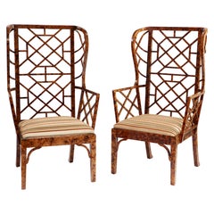 Monumental Pair of Faux Tortoise Chinese Chippendale Style Arm Chairs