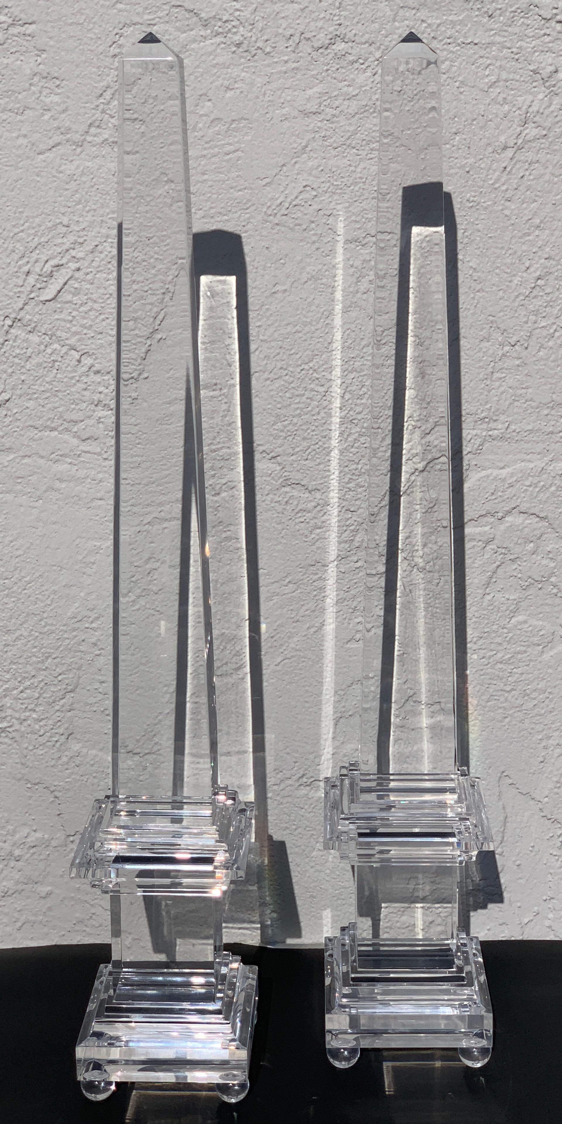 20th Century Monumental Pair of Footed Lucite Obelisks