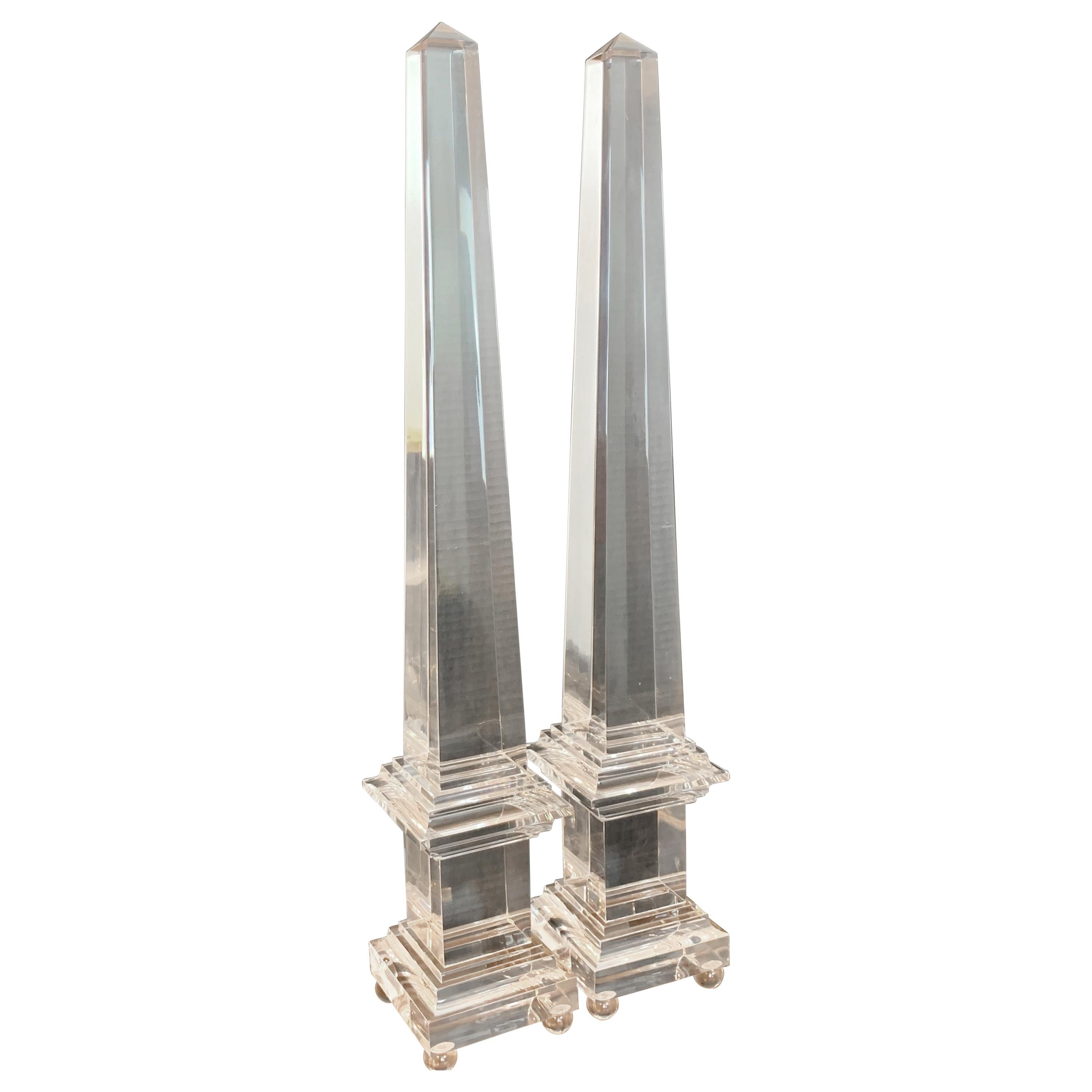 Monumental Pair of Footed Lucite Obelisks