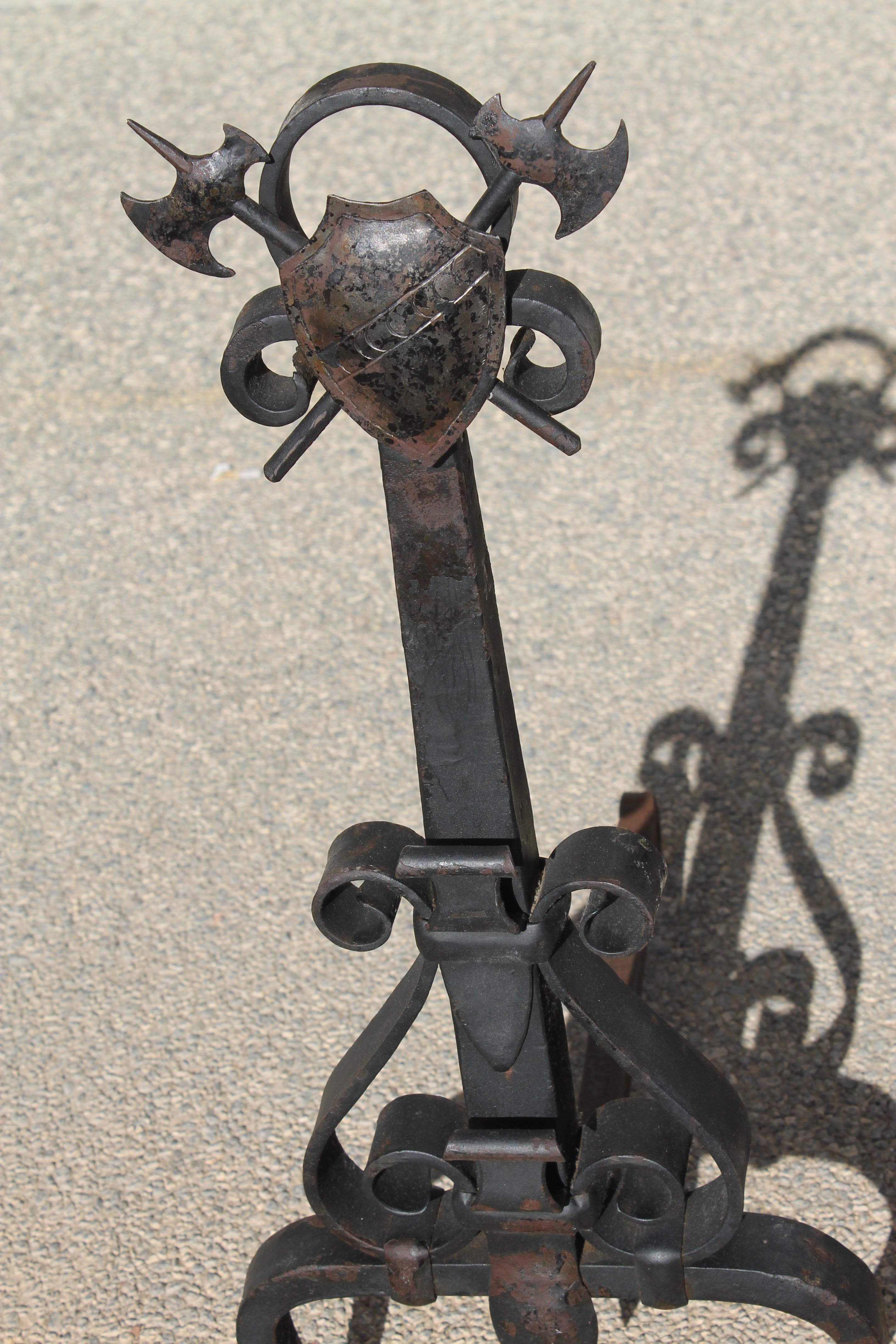 Arts and Crafts Monumental Pair of Forged Iron Spanish Revival Andirons For Sale